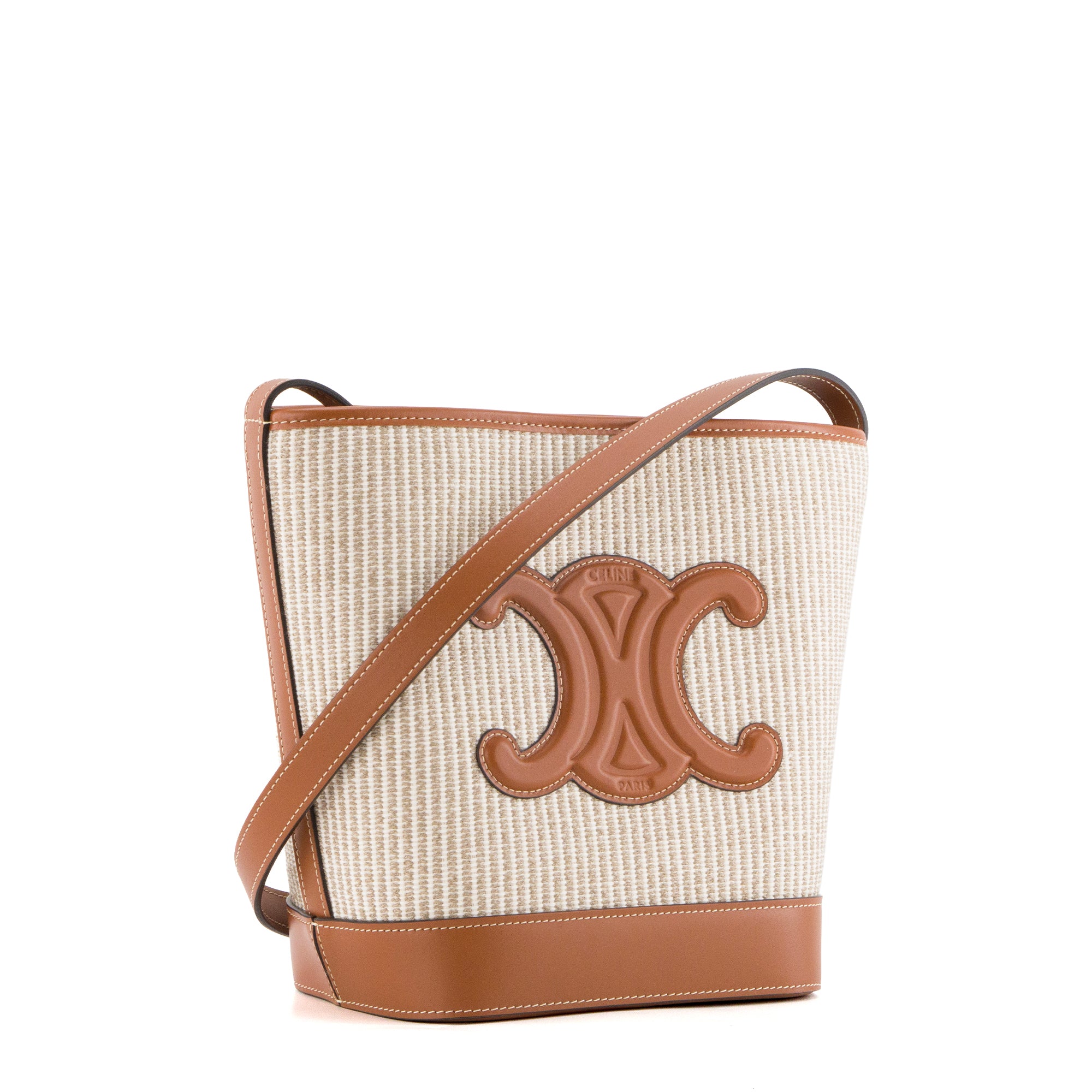 CELINE - Sac à bandoulière Bucket Small Celine en cuir lisse marron et toile beige