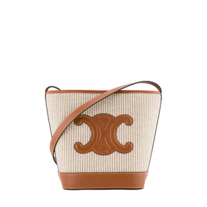 CELINE - Sac à bandoulière Bucket Small Celine en cuir lisse marron et toile beige