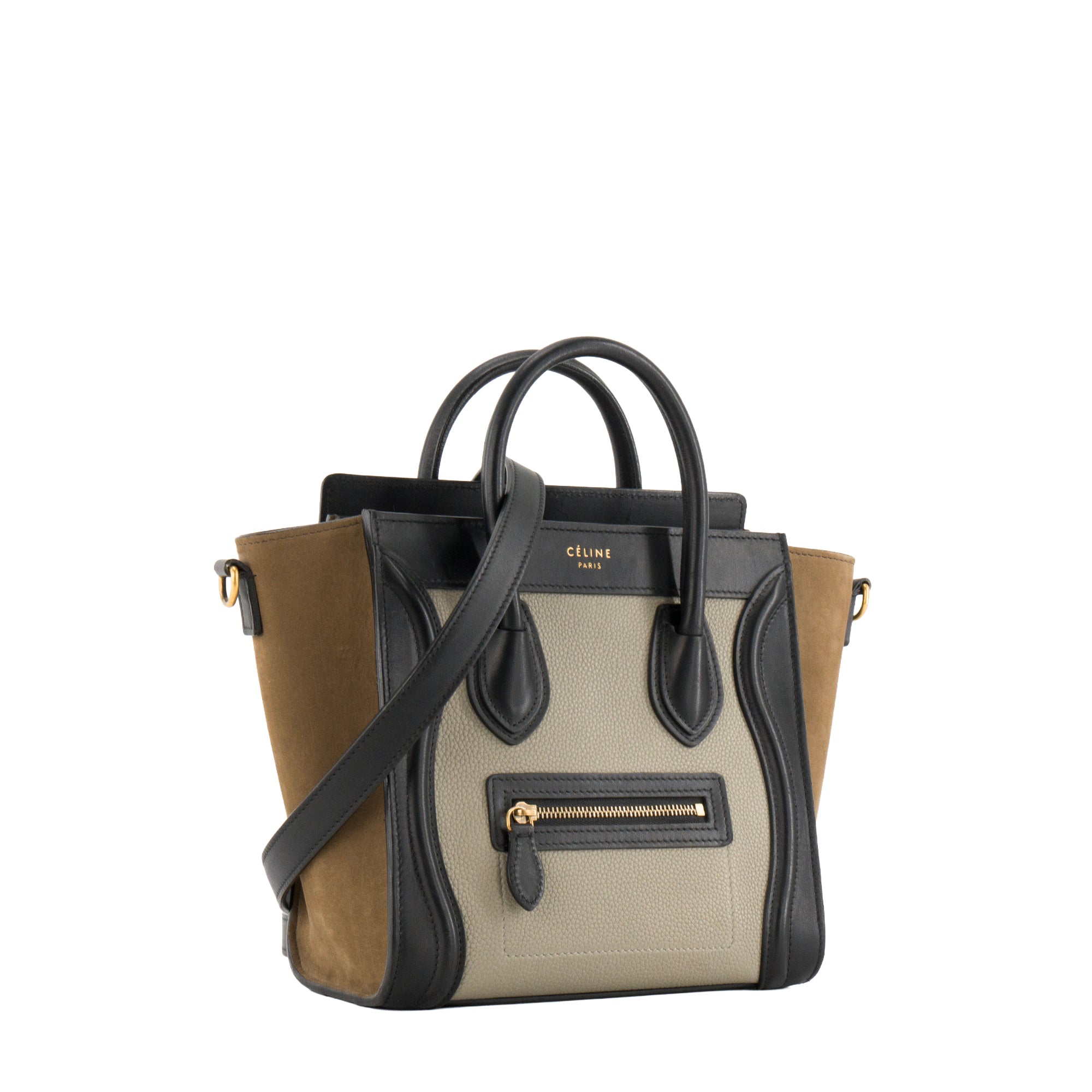 CELINE - Sac à bandoulière Luggage Nano Celine en cuir grainé gris et cuir suède kaki