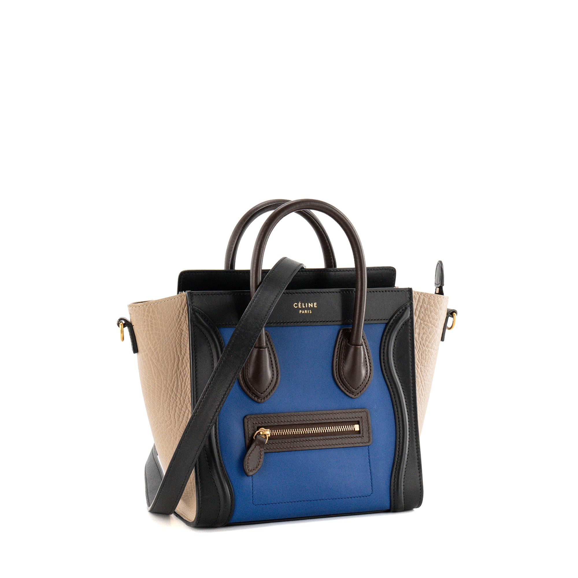 CELINE - Sac à bandoulière Luggage Nano Celine en cuir lisse bleu et cuir grainé beige