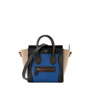 CELINE - Sac à bandoulière Luggage Nano Celine en cuir lisse bleu et cuir grainé beige