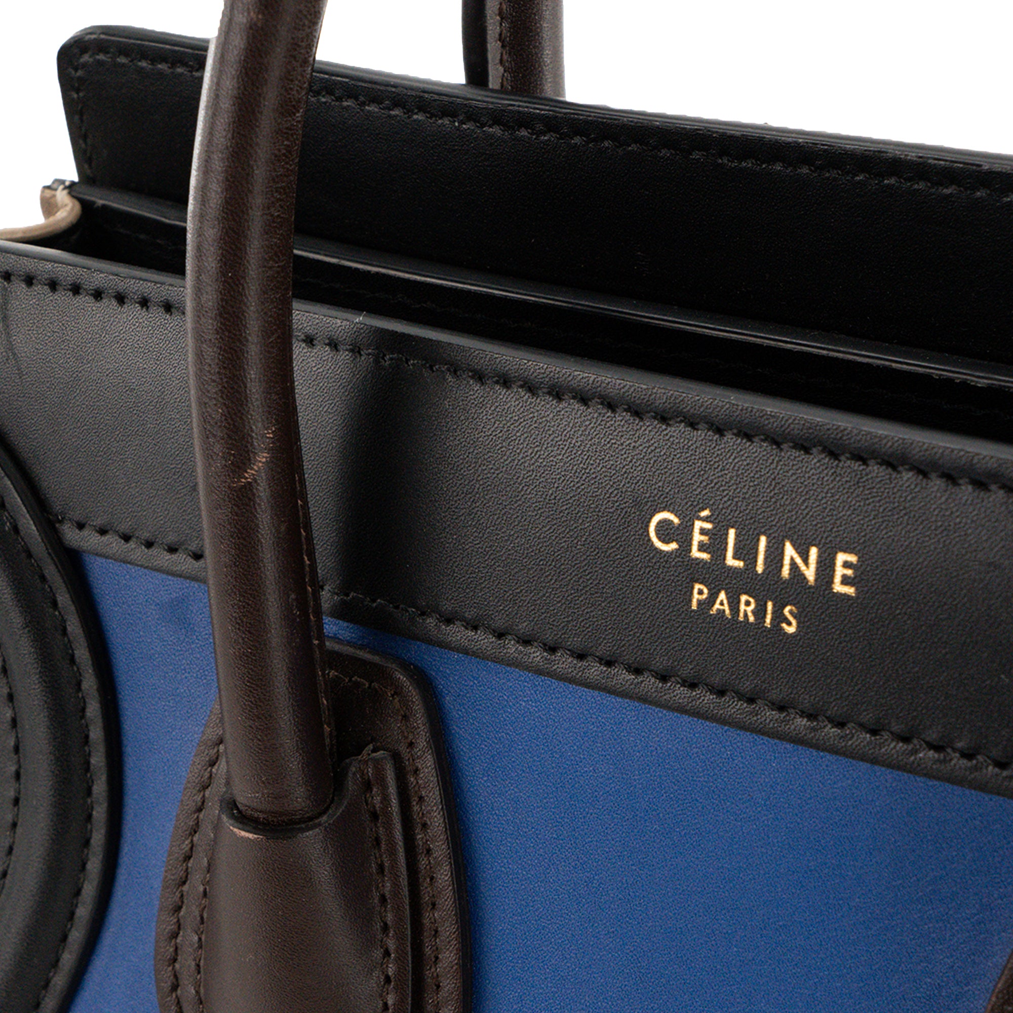 CELINE - Sac à bandoulière Luggage Nano Celine en cuir lisse bleu et cuir grainé beige