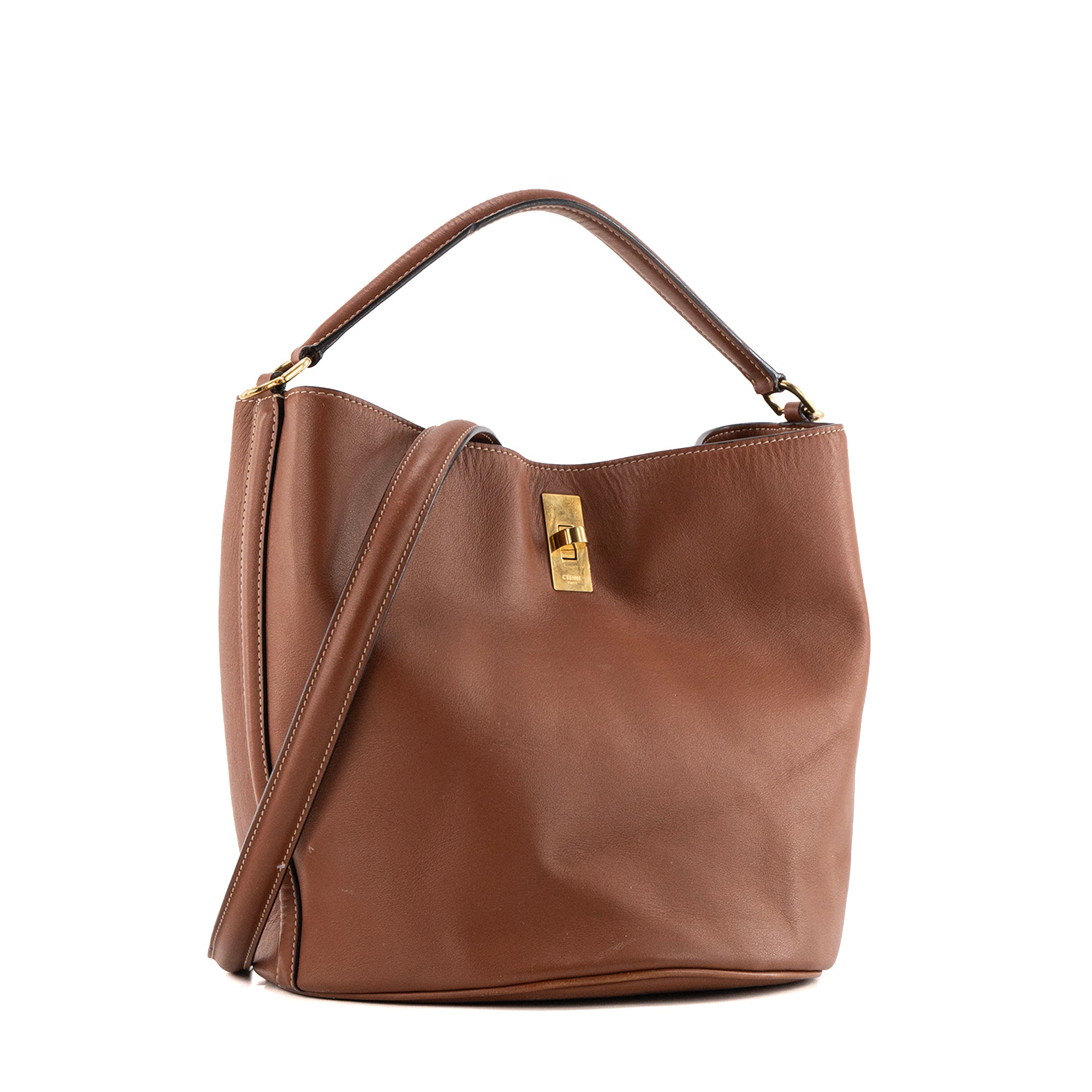 CELINE - Sac à bandoulière Seau 16 Celine en cuir lisse marron