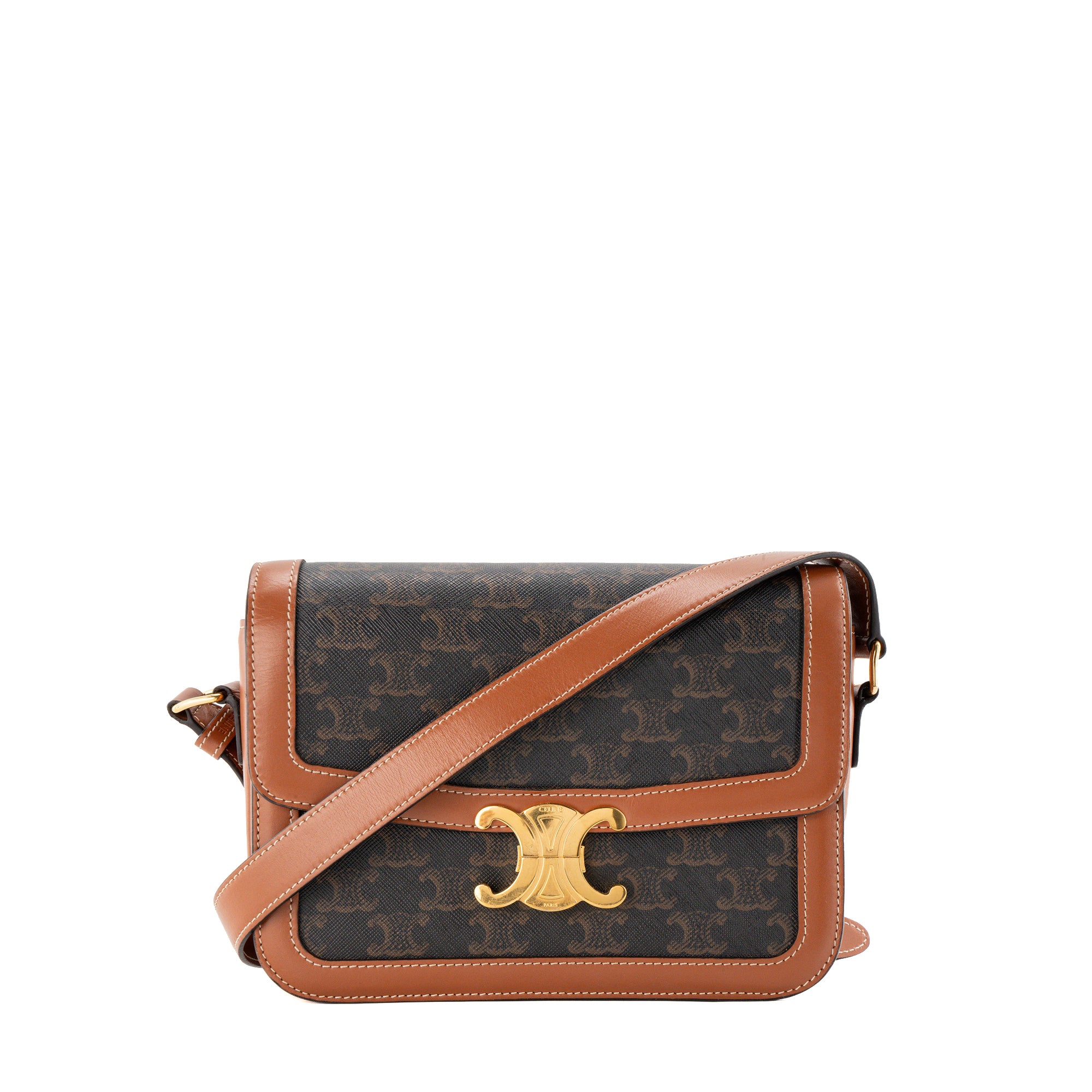 CELINE - Sac à bandoulière Triomphe Celine en toile enduite triomphe marron et cuir tan