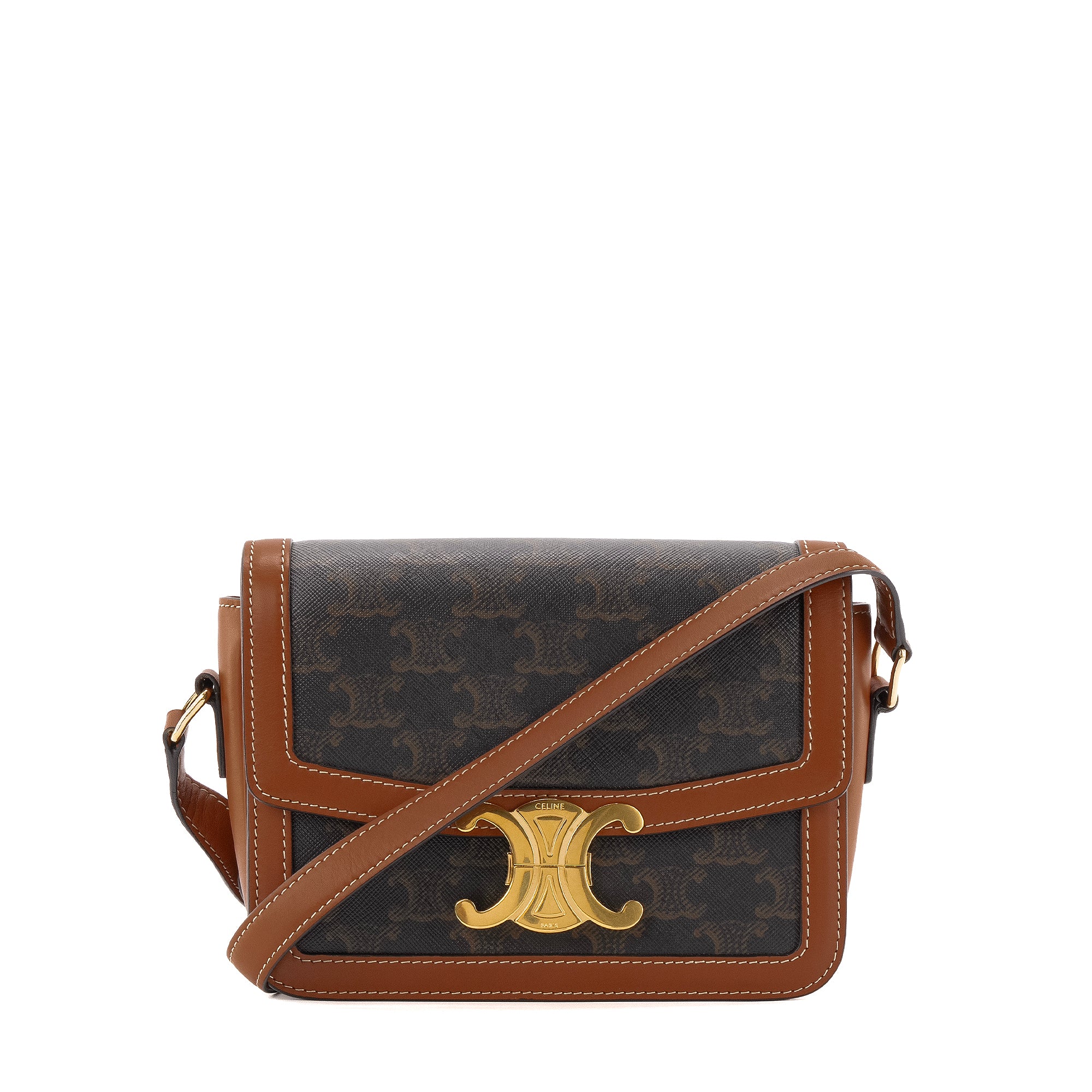 CELINE - Sac à bandoulière Triomphe teen Celine en toile enduite monogrammée et cuir tan