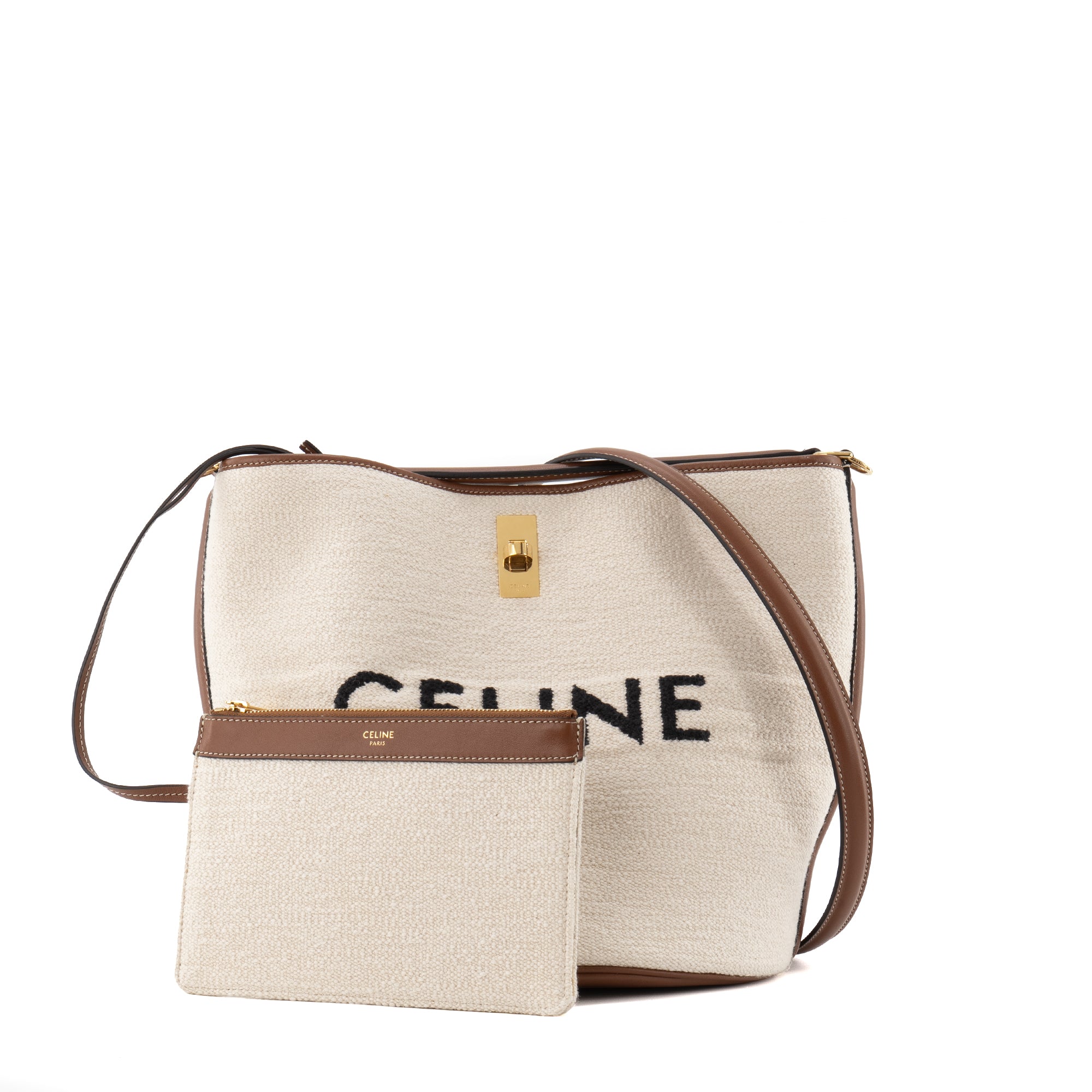 CELINE - Sac à épaule 16 Celine en tweed beige et cuir marron