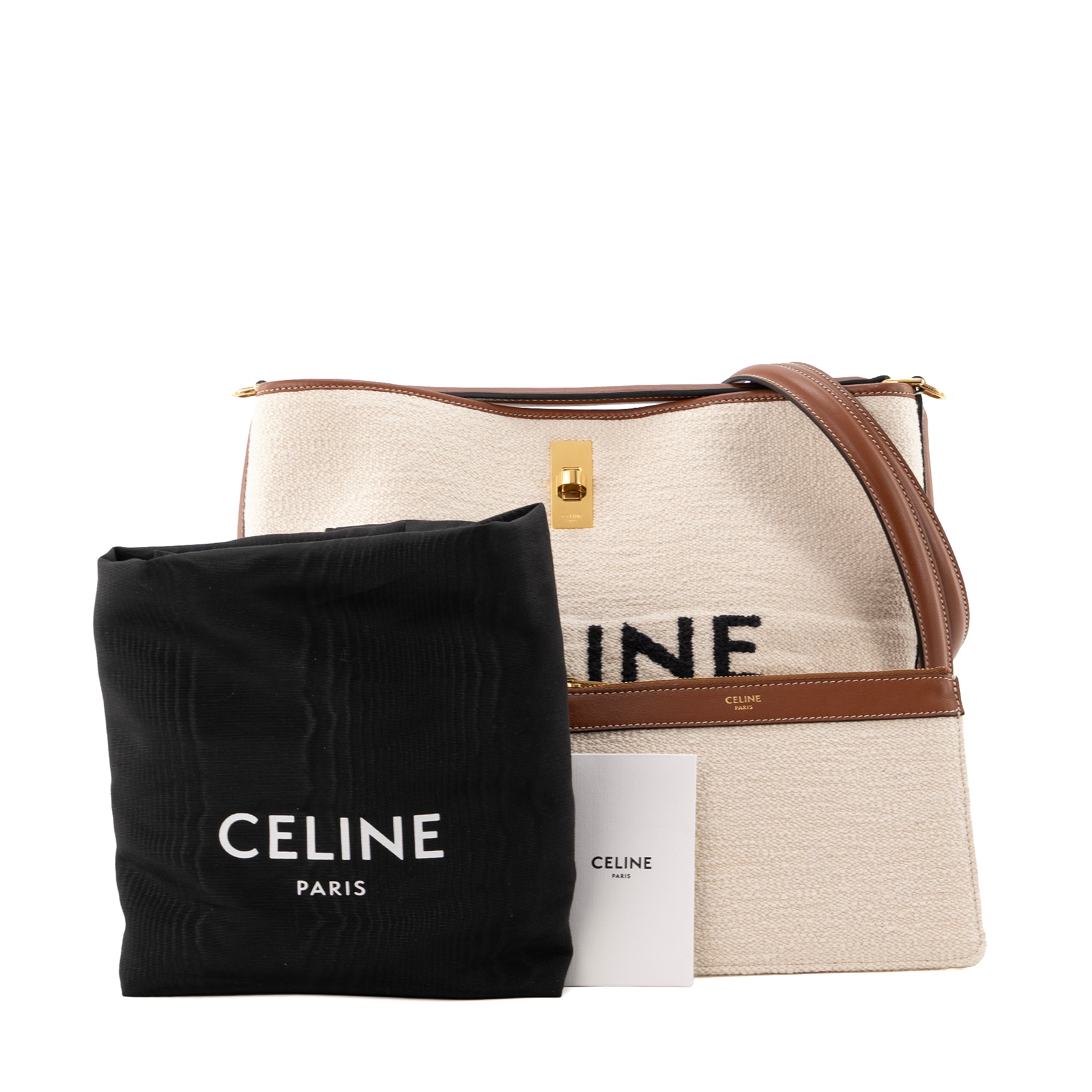 CELINE - Sac à épaule 16 Celine en tweed beige et cuir marron