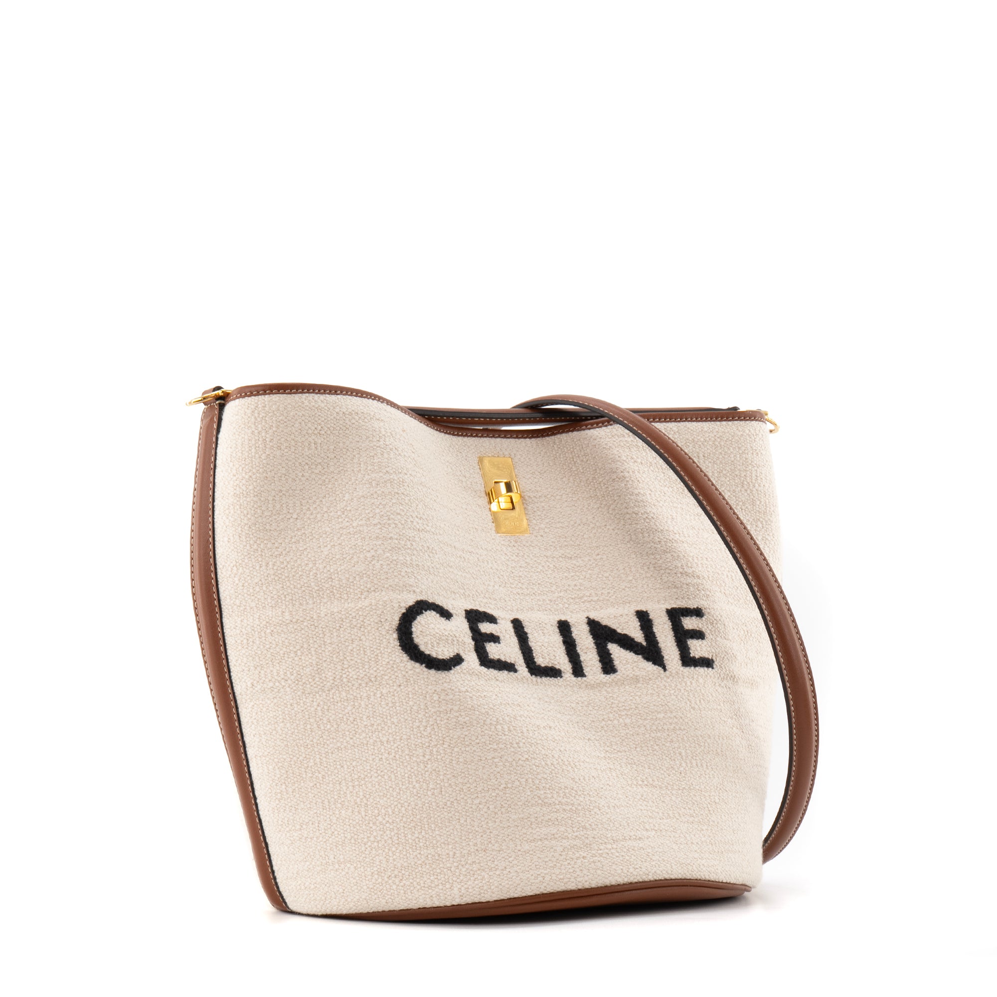 CELINE - Sac à épaule 16 Celine en tweed beige et cuir marron