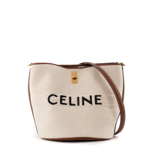CELINE - Sac à épaule 16 Celine en tweed beige et cuir marron