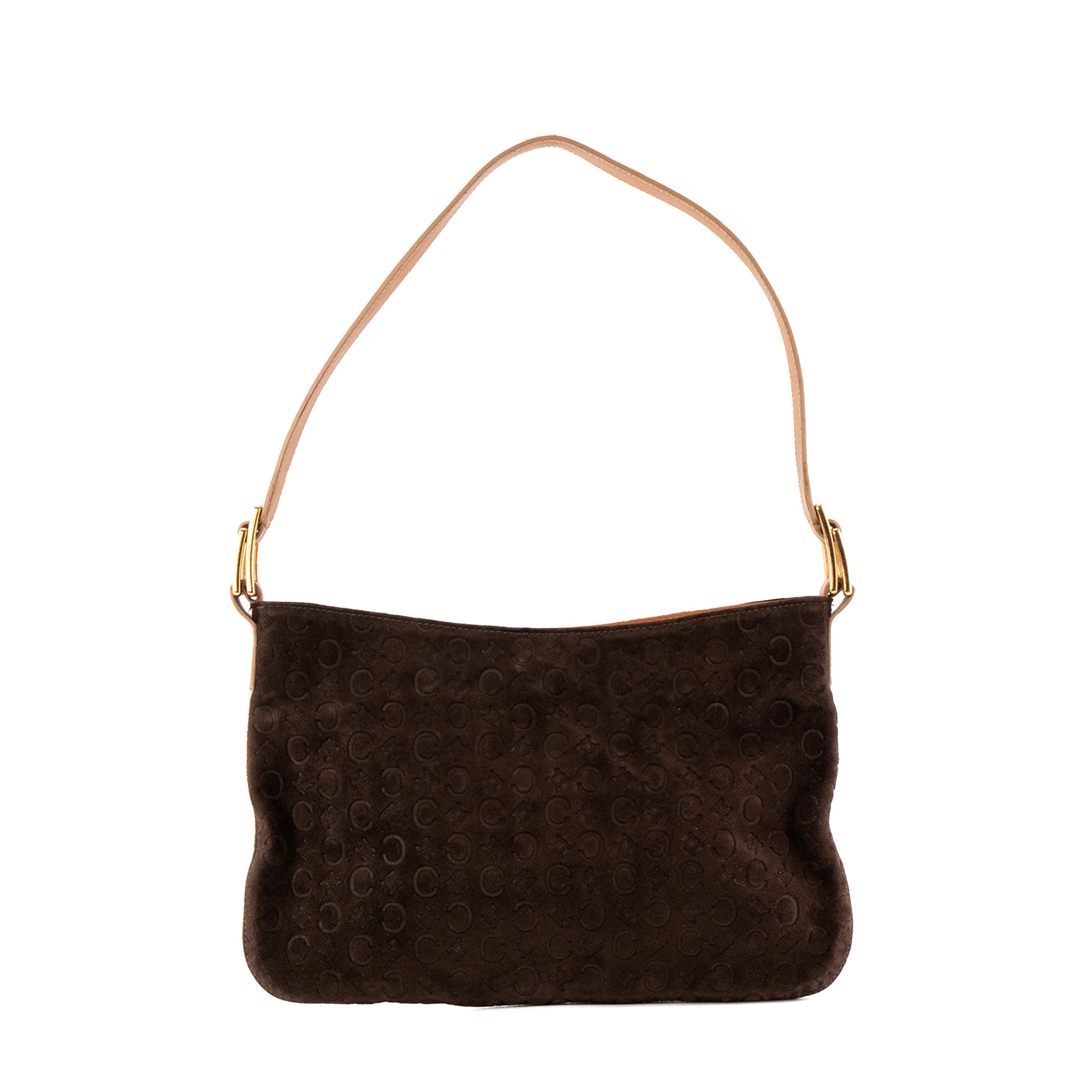 CÉLINE - Sac à épaule Celine en daim empreinte monogramme triomphe marron vintage