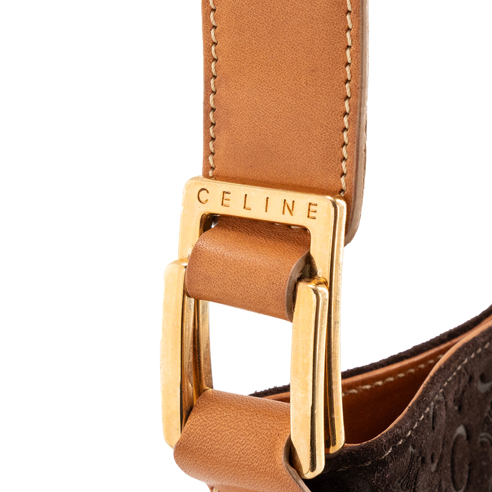 CÉLINE - Sac à épaule Celine en daim empreinte monogramme triomphe marron vintage
