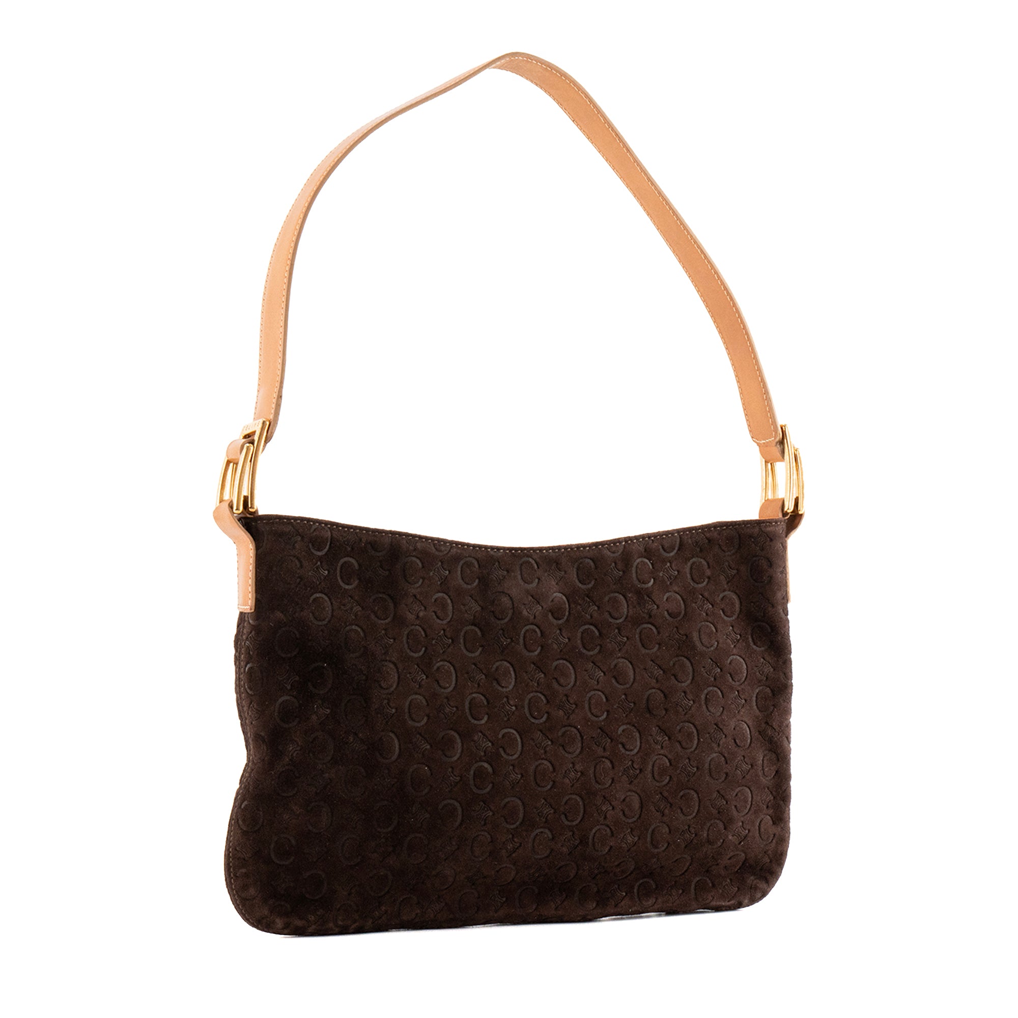 CÉLINE - Sac à épaule Celine en daim empreinte monogramme triomphe marron vintage