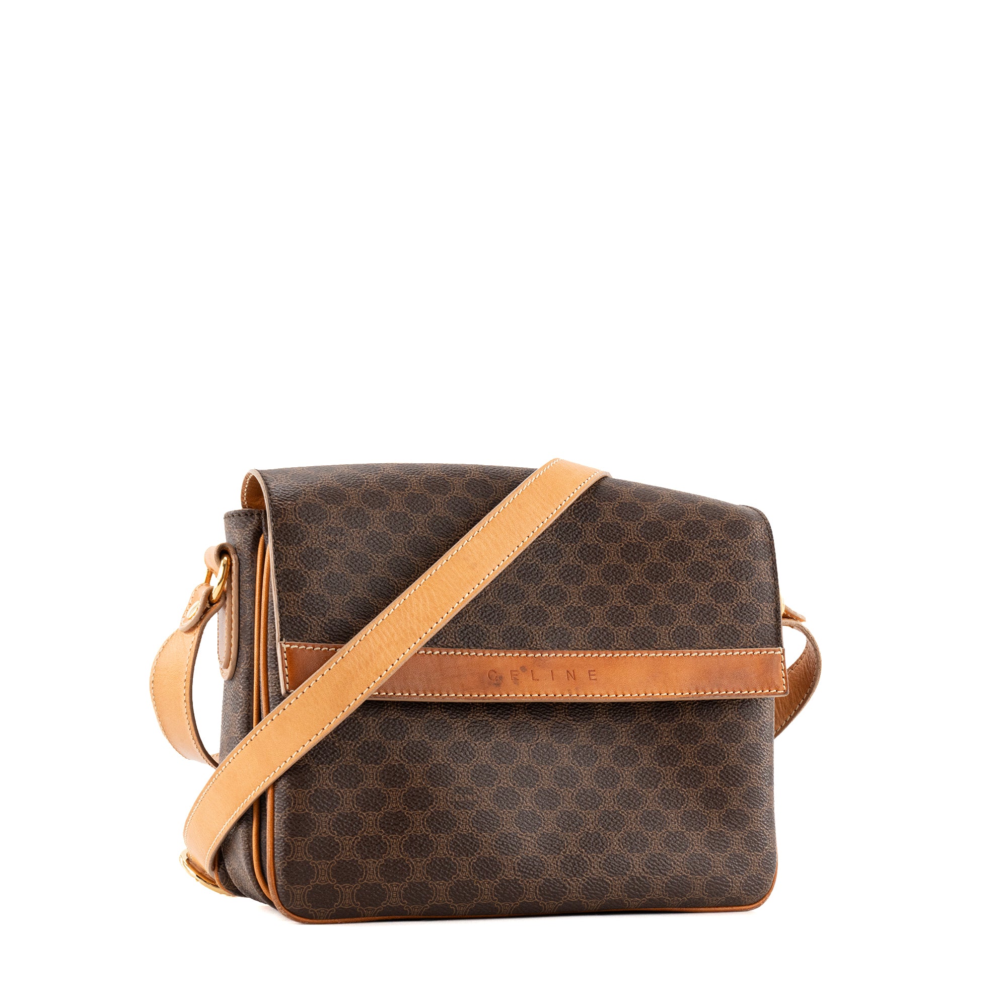 CELINE - Sac à épaule Macadam Celine en toile et cuir lisse marron