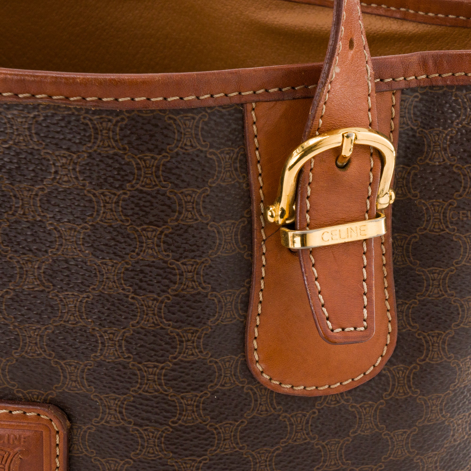 CELINE - Sac à épaule Seau Celine en toile enduite macadam marron vintage