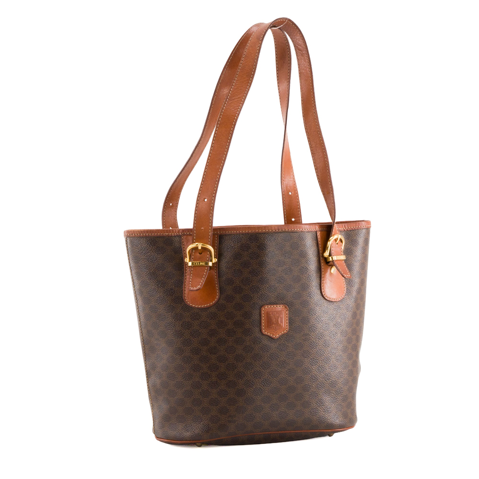 CELINE - Sac à épaule Seau Celine en toile enduite macadam marron vintage