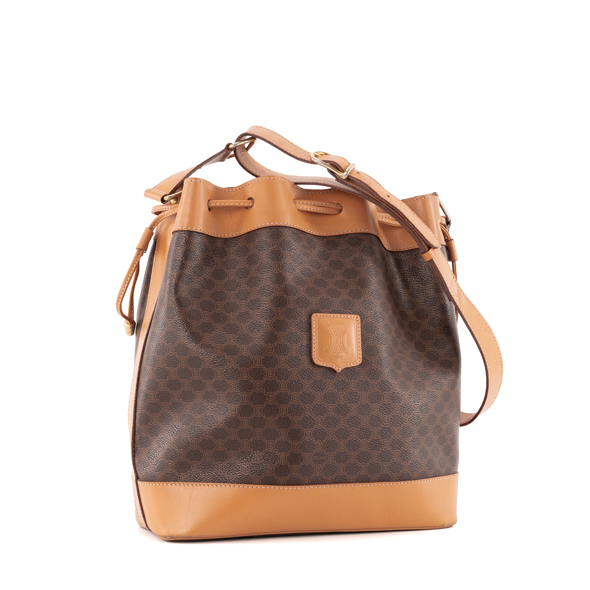 CELINE - Sac à épaule Seau Macadam Celine en toile monogrammée marron vintage