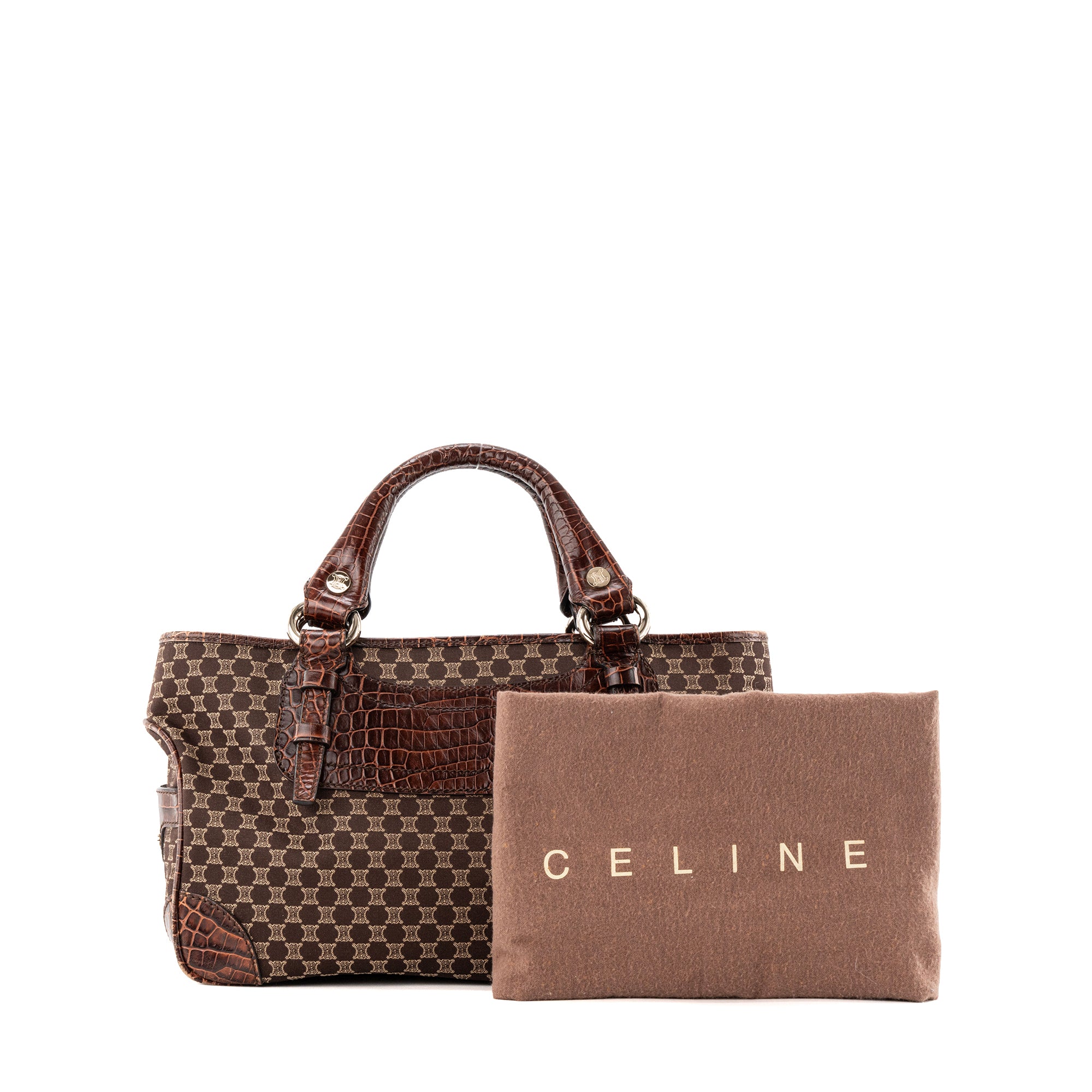 CELINE - Sac à main Boogie Celine en toile triomphe et cuir embossé marron vintage