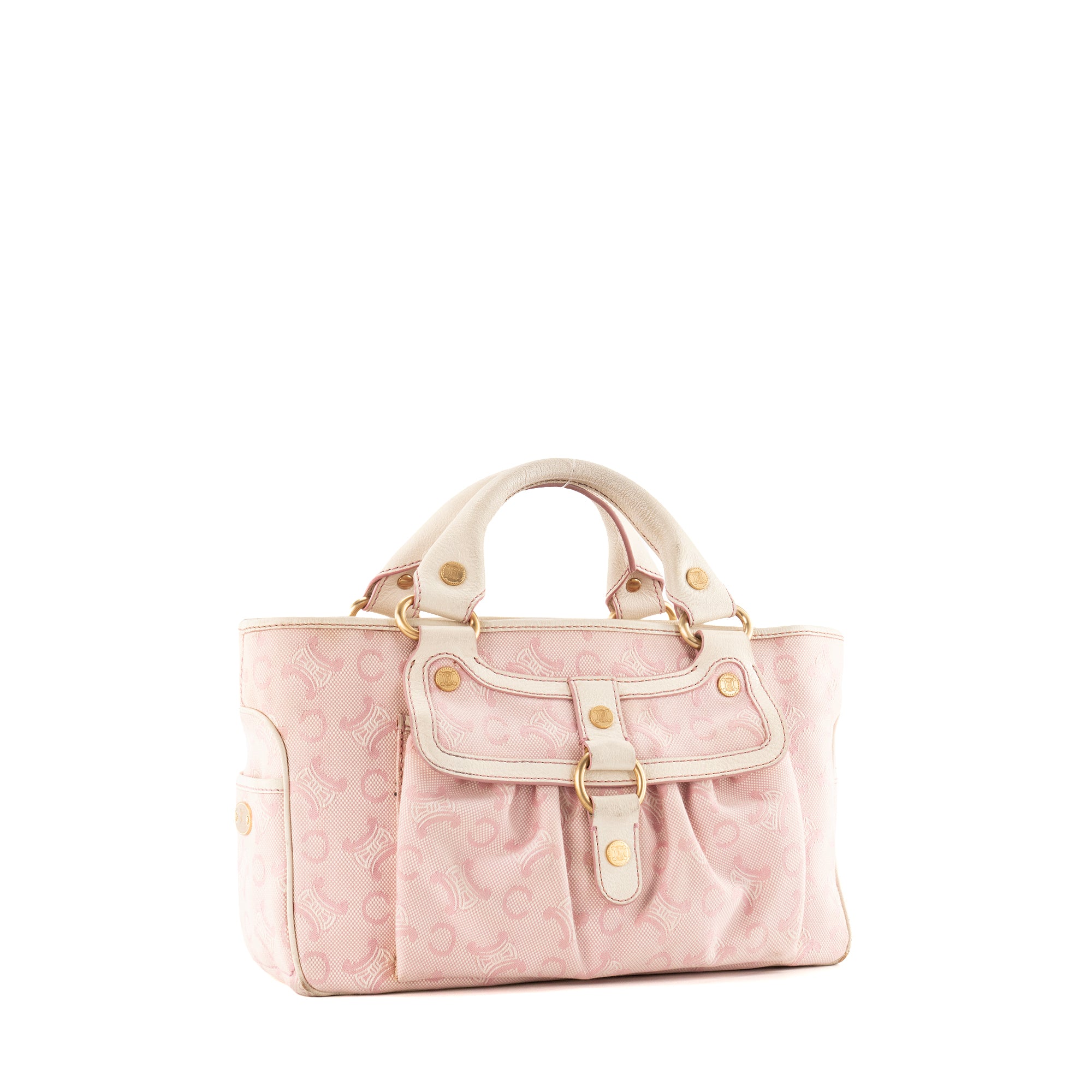CELINE - Sac à main Boogie Celine en toile triomphe rose et cuir grainé blanc vintage