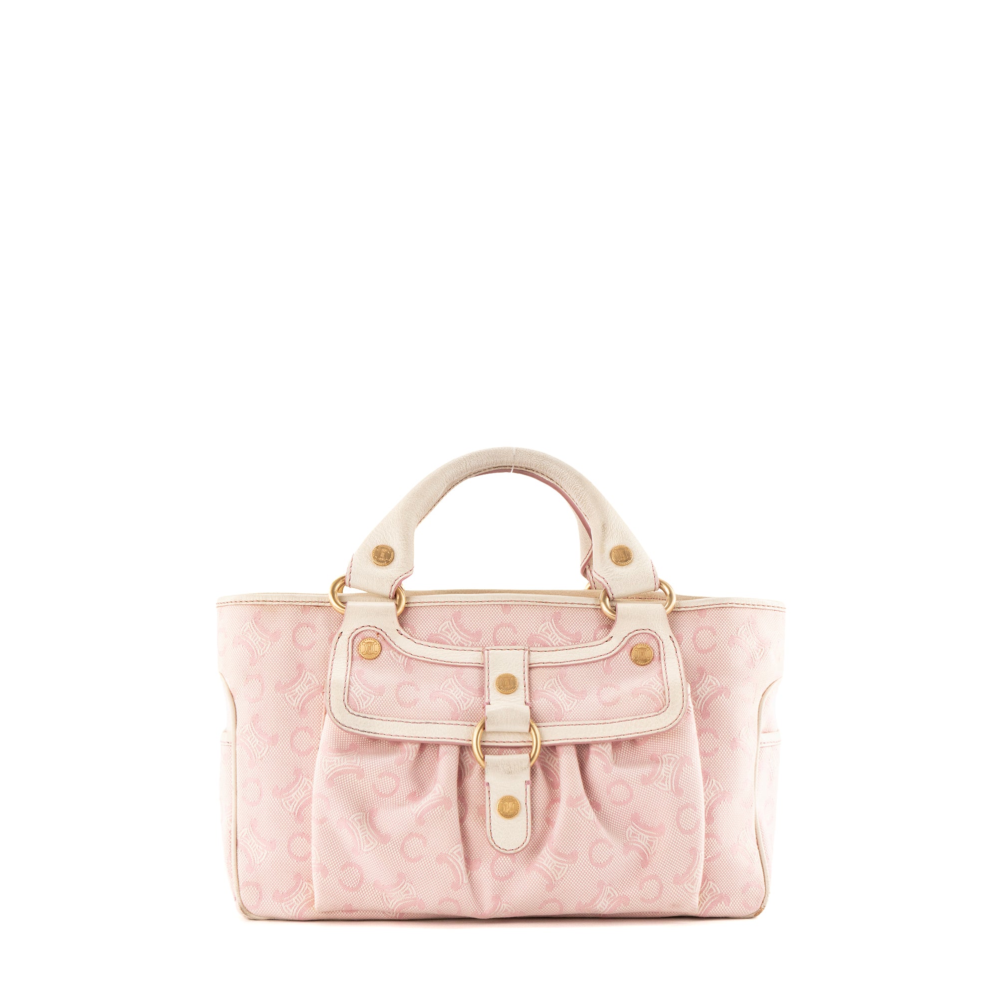 CELINE - Sac à main Boogie Celine en toile triomphe rose et cuir grainé blanc vintage