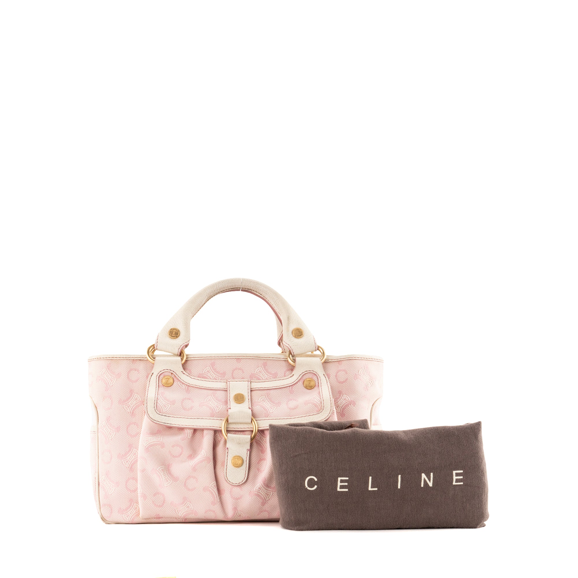 CELINE - Sac à main Boogie Celine en toile triomphe rose et cuir grainé blanc vintage