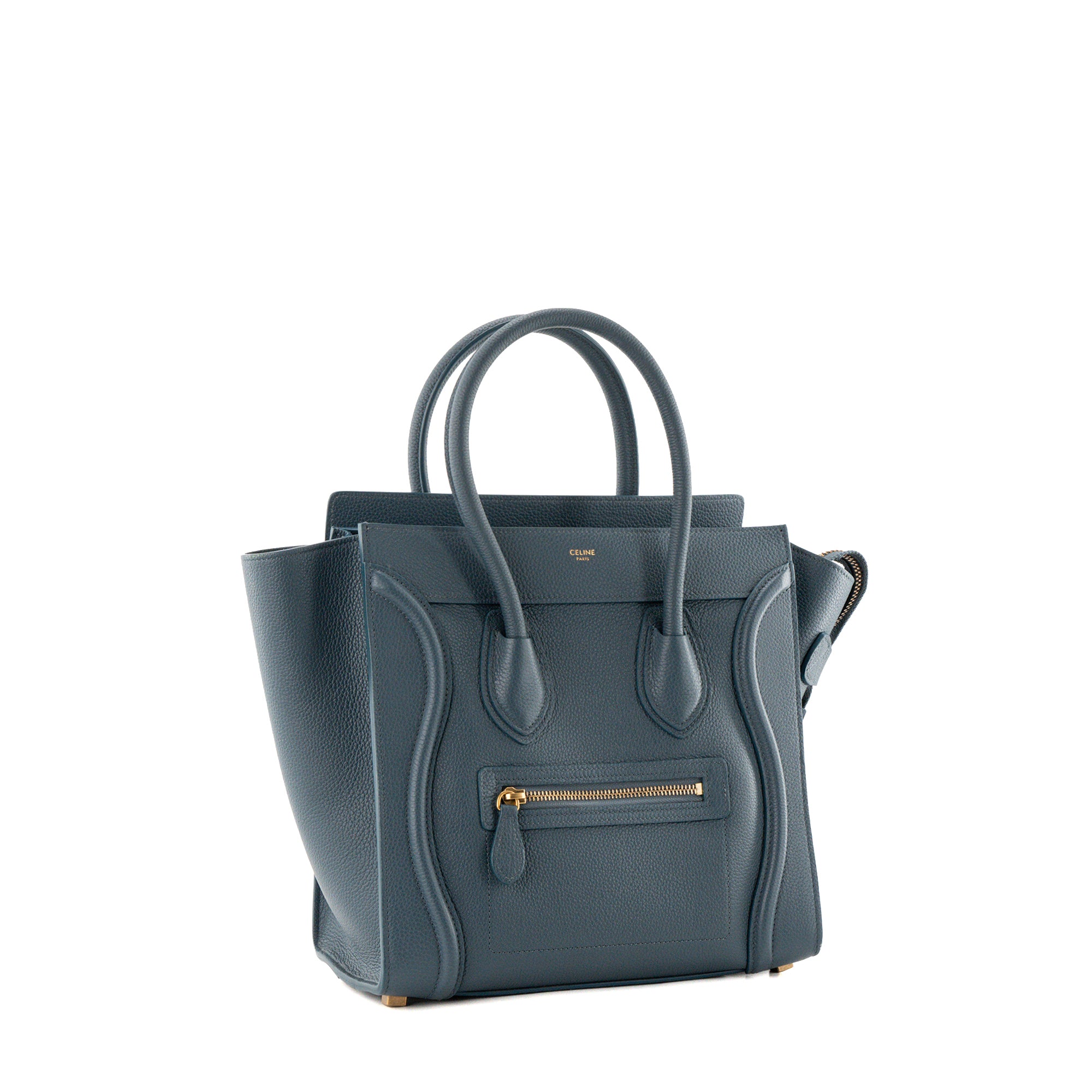 CELINE - Sac à main Luggage Micro Celine en cuir grainé bleu canard