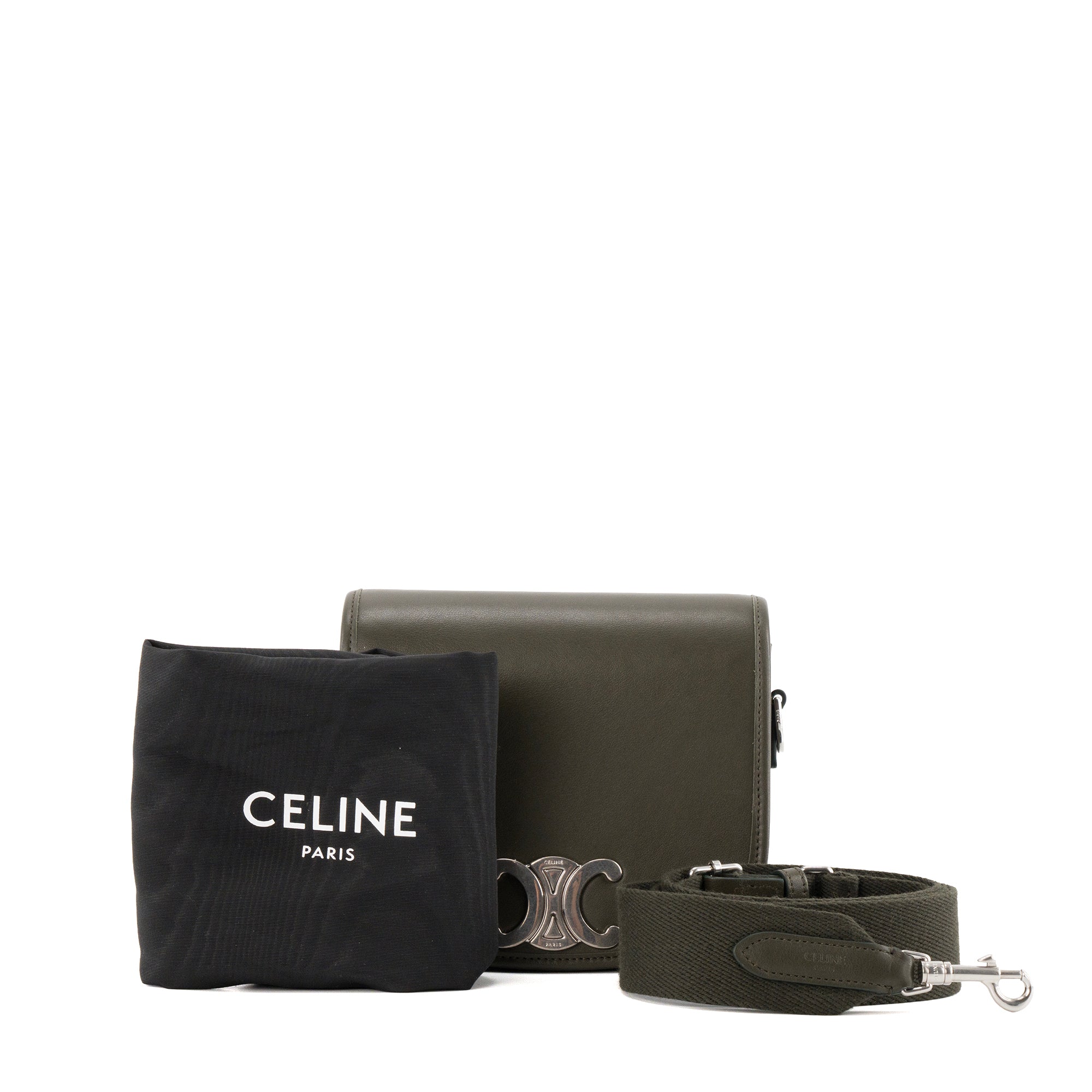 CELINE - Sac Besace Triomphe Petit modele Celine en cuir lisse kaki