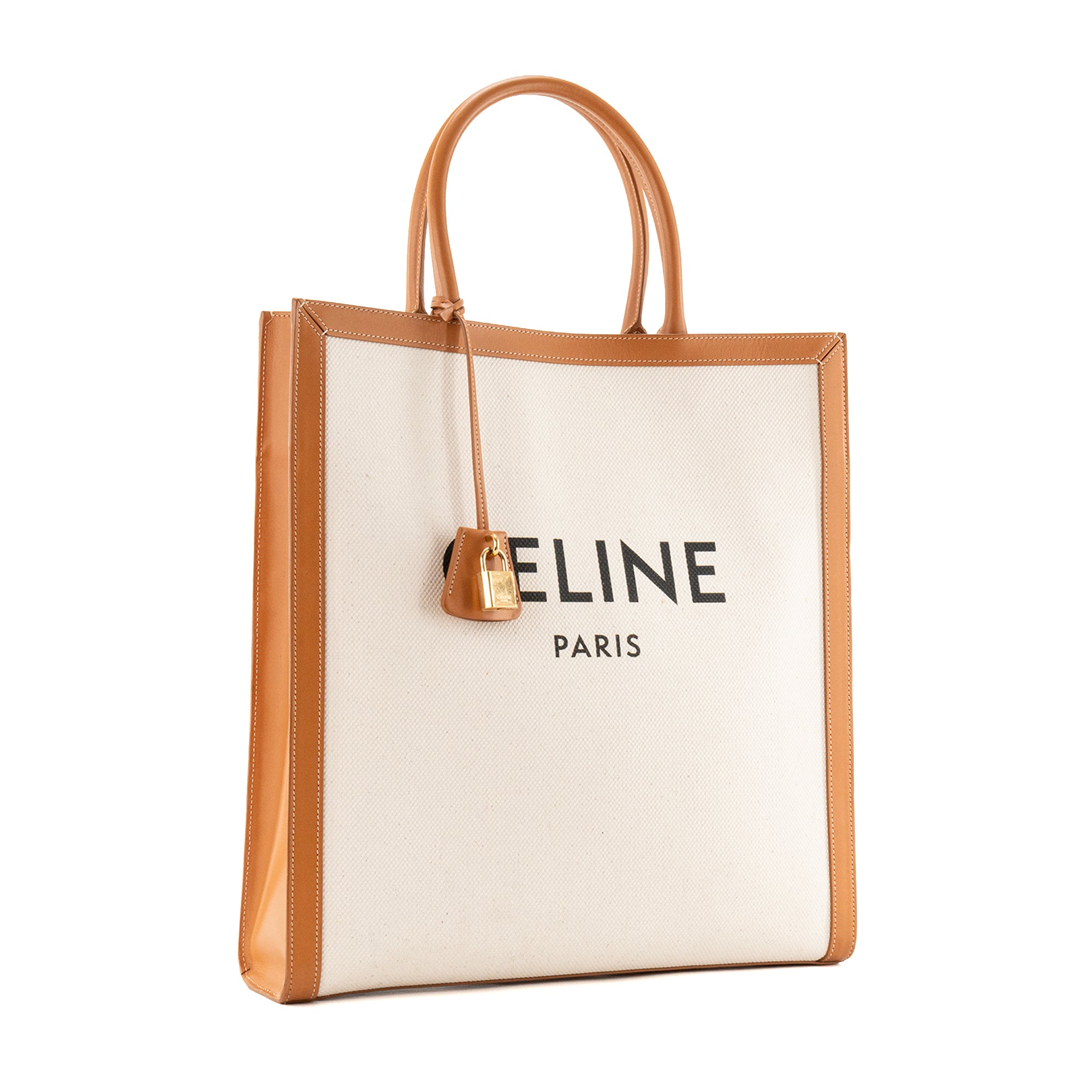 CELINE - Sac Cabas Large Vertical Celine en toile beige et cuir marron