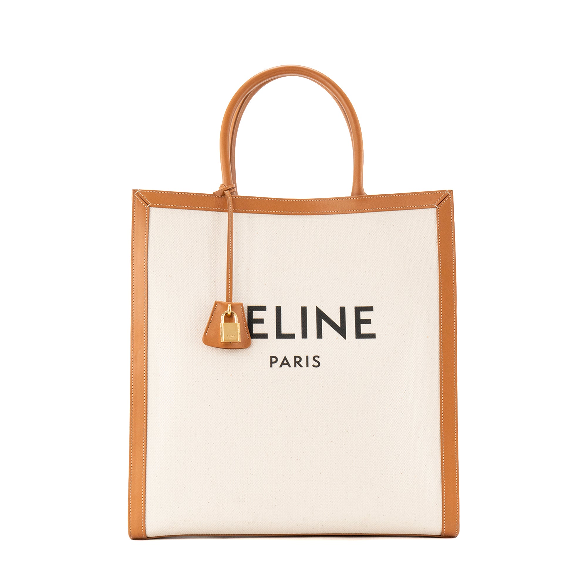 CELINE - Sac Cabas Large Vertical Celine en toile beige et cuir marron