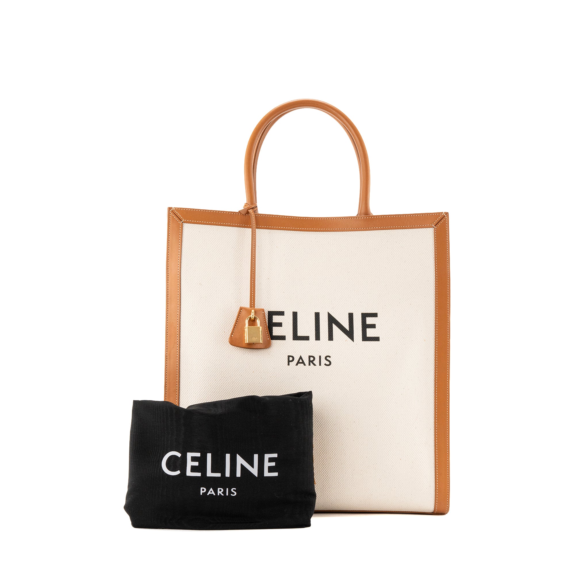 CELINE - Sac Cabas Large Vertical Celine en toile beige et cuir marron