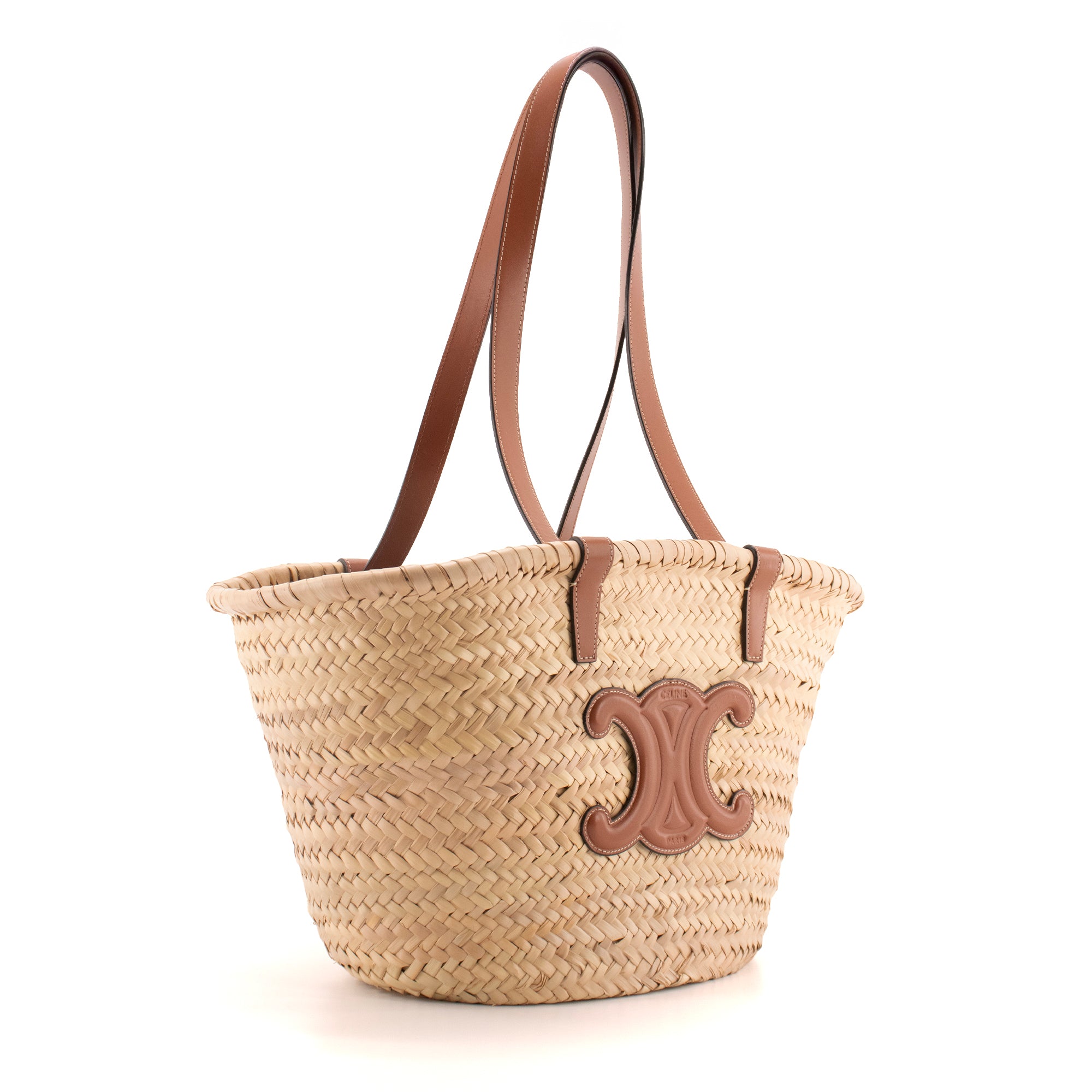 CELINE - Sac cabas Panier Triomphe Moyen Celine en feuilles de palmier et cuir marron