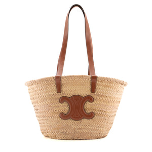 CELINE - Celine Medium Panier Triomphe Tote Bag in Palm Leaves and Brown Leather