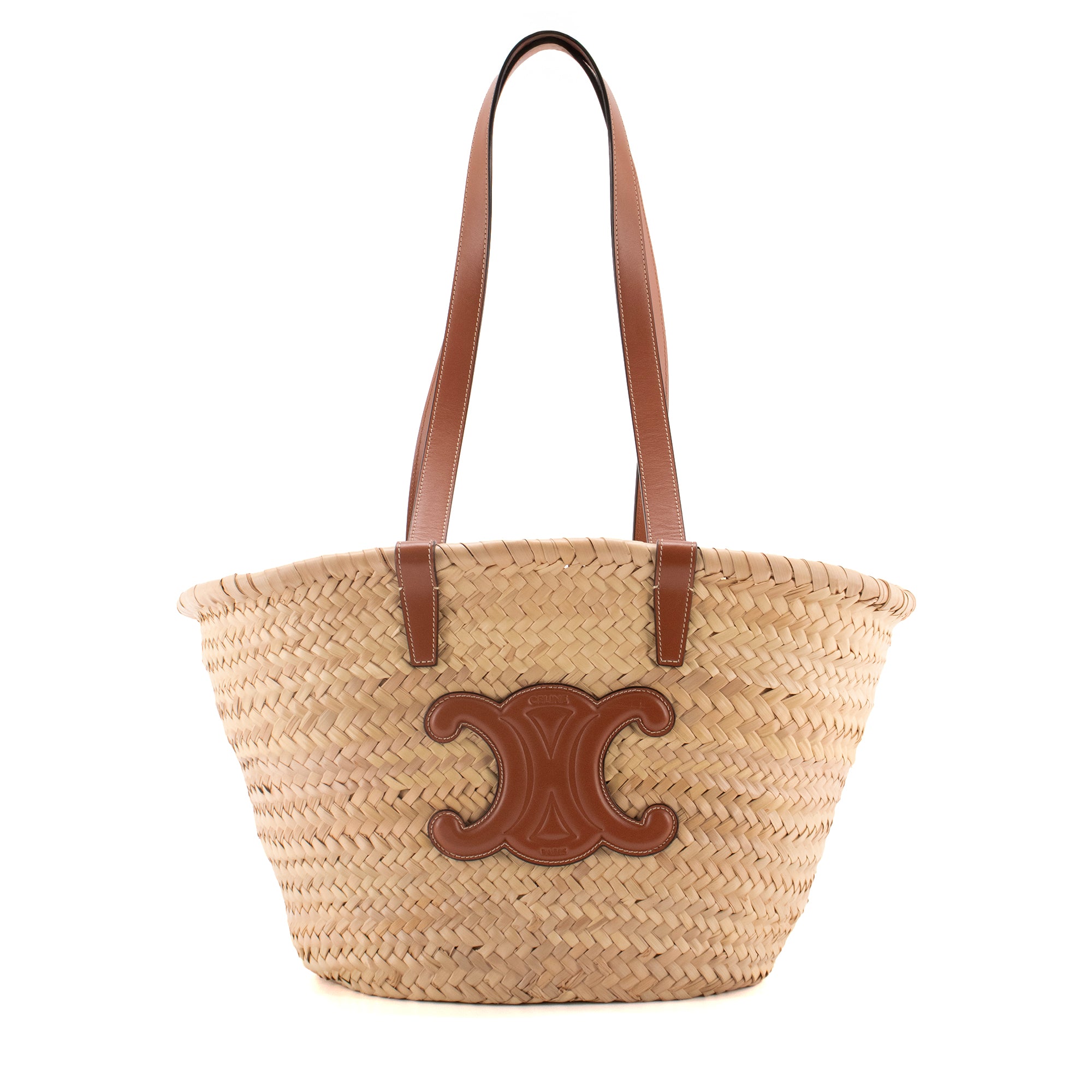 CELINE - Sac cabas Panier Triomphe Moyen Celine en feuilles de palmier et cuir marron