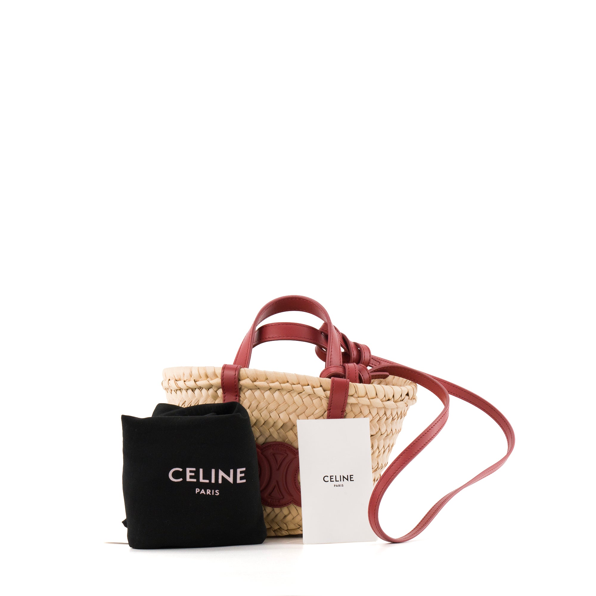 CELINE - Sac Panier Triomphe mini Celine en paille et cuir rose