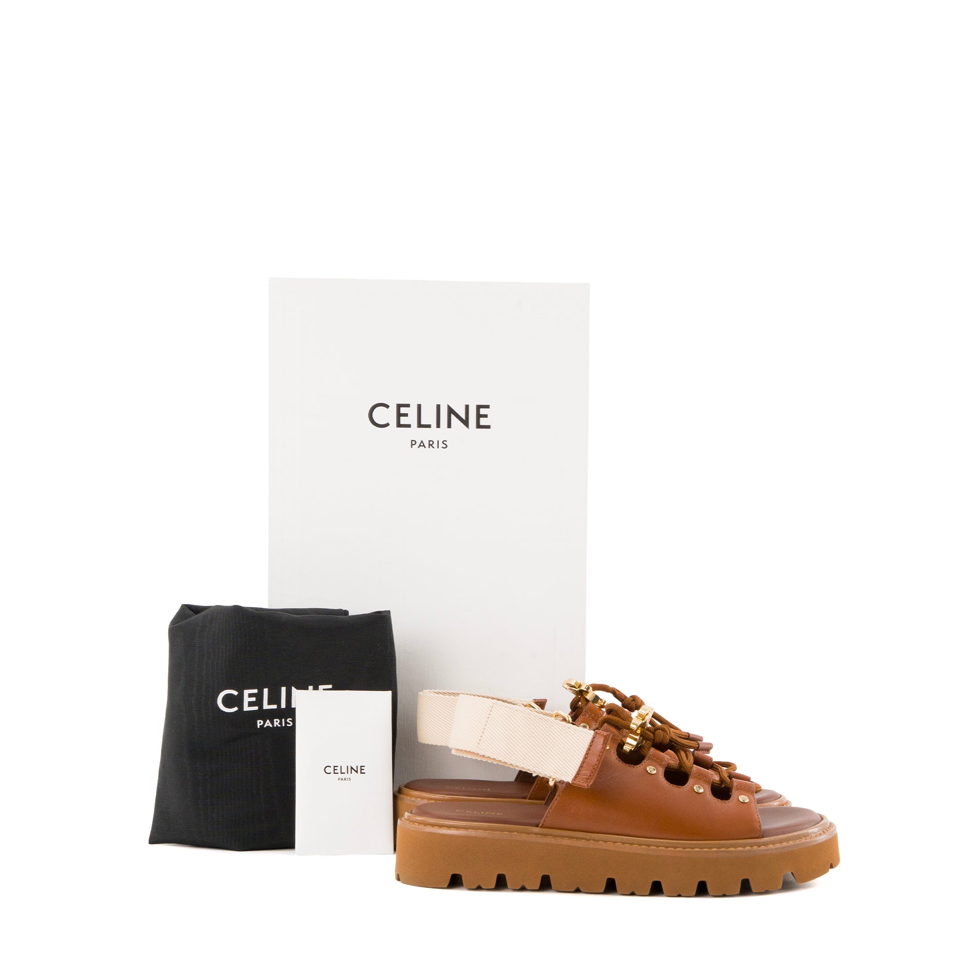 CELINE - Sandales Billie Celine en cuir tan et textile écru (T35)