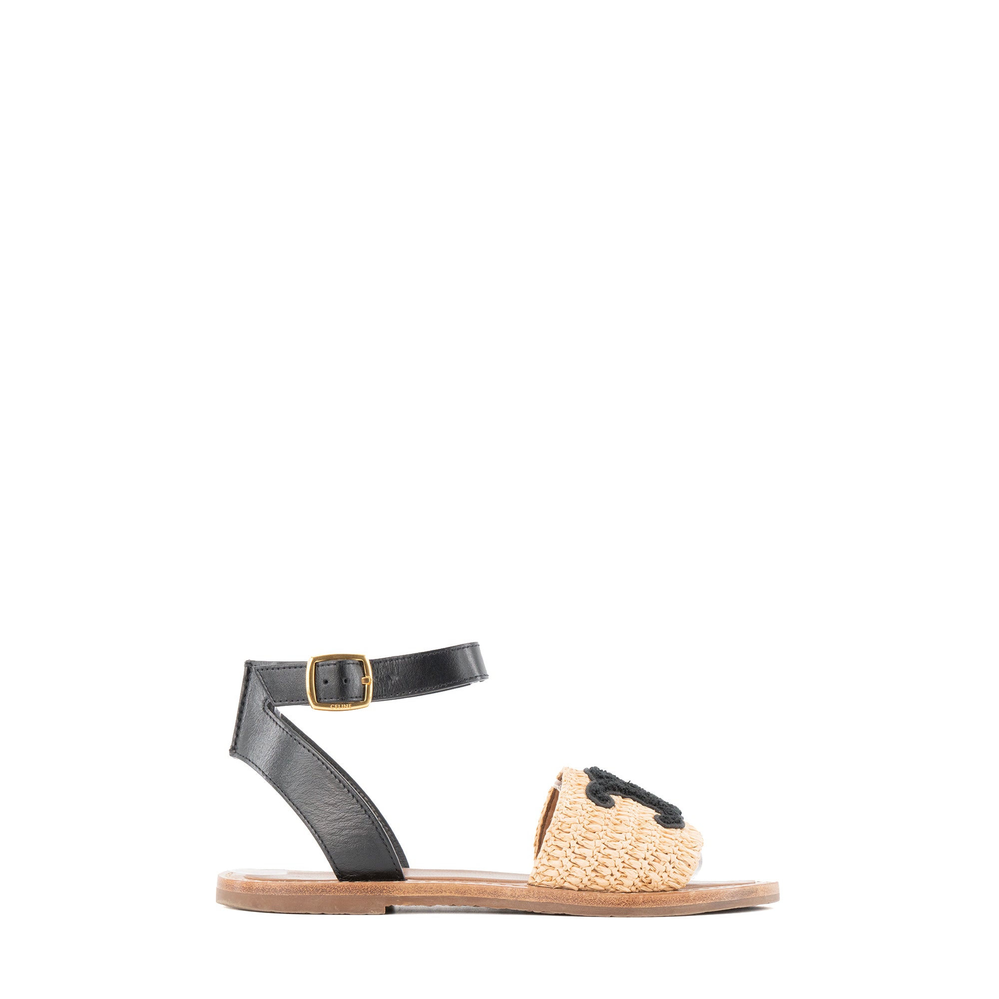 CELINE - Sandales Jolly Triomphe Celine en raphia et cuir lisse noir (T37)