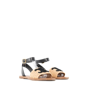 CELINE - Sandales Jolly Triomphe Celine en raphia et cuir lisse noir (T37)