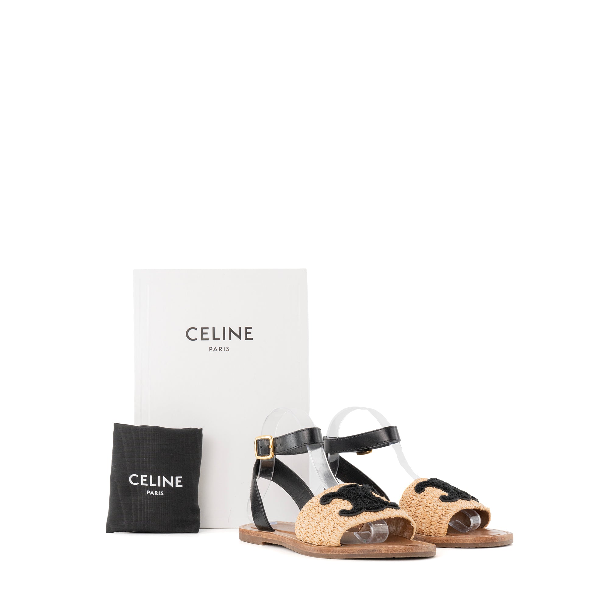 CELINE - Sandales Jolly Triomphe Celine en raphia et cuir lisse noir (T37)