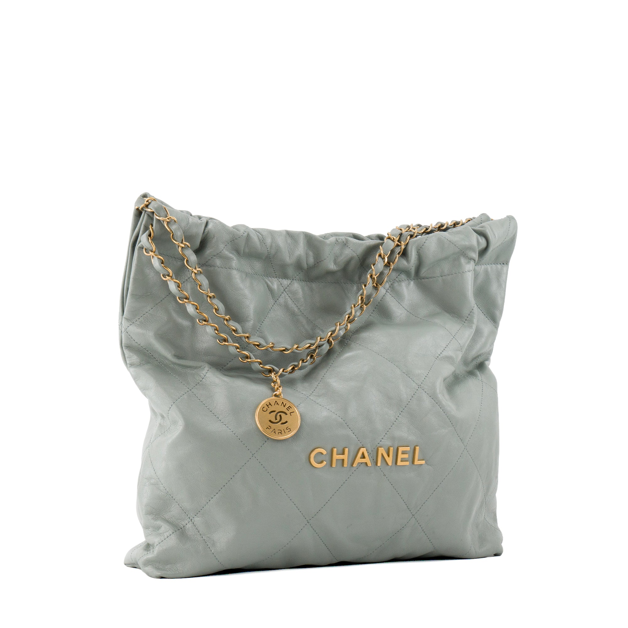 CHANEL - Sac à épaule Chanel 22 en cuir froissé bleu/gris