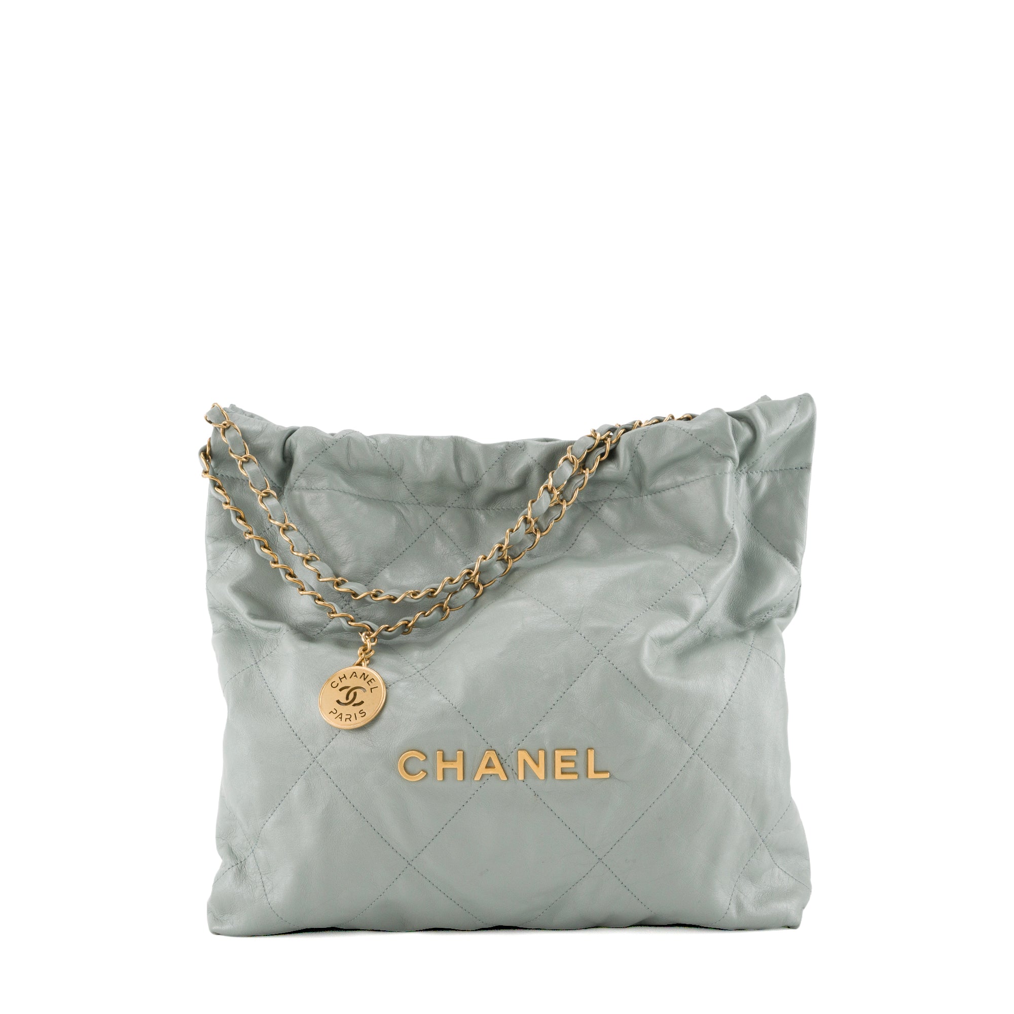 CHANEL - Sac à épaule Chanel 22 en cuir froissé bleu/gris