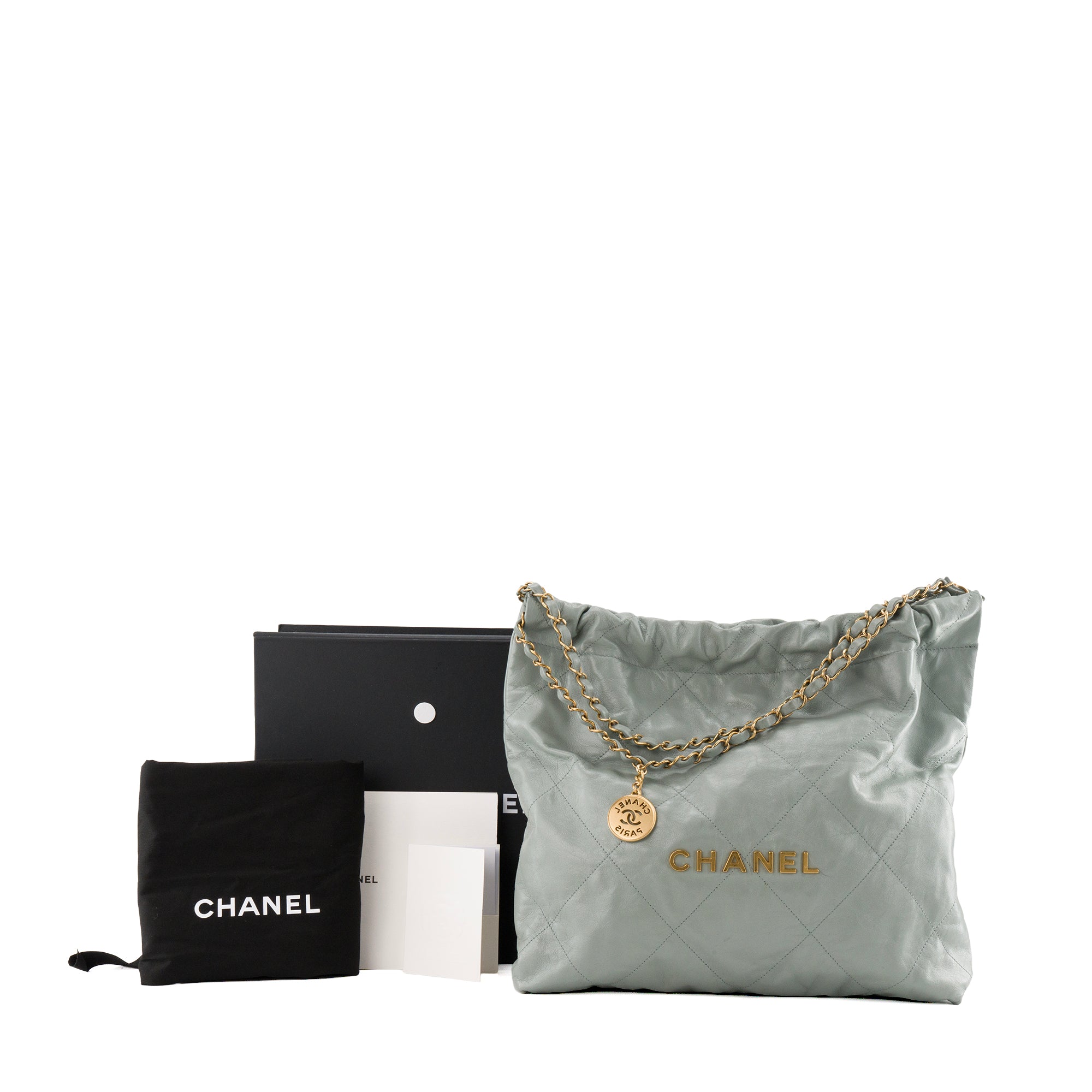 CHANEL - Sac à épaule Chanel 22 en cuir froissé bleu/gris