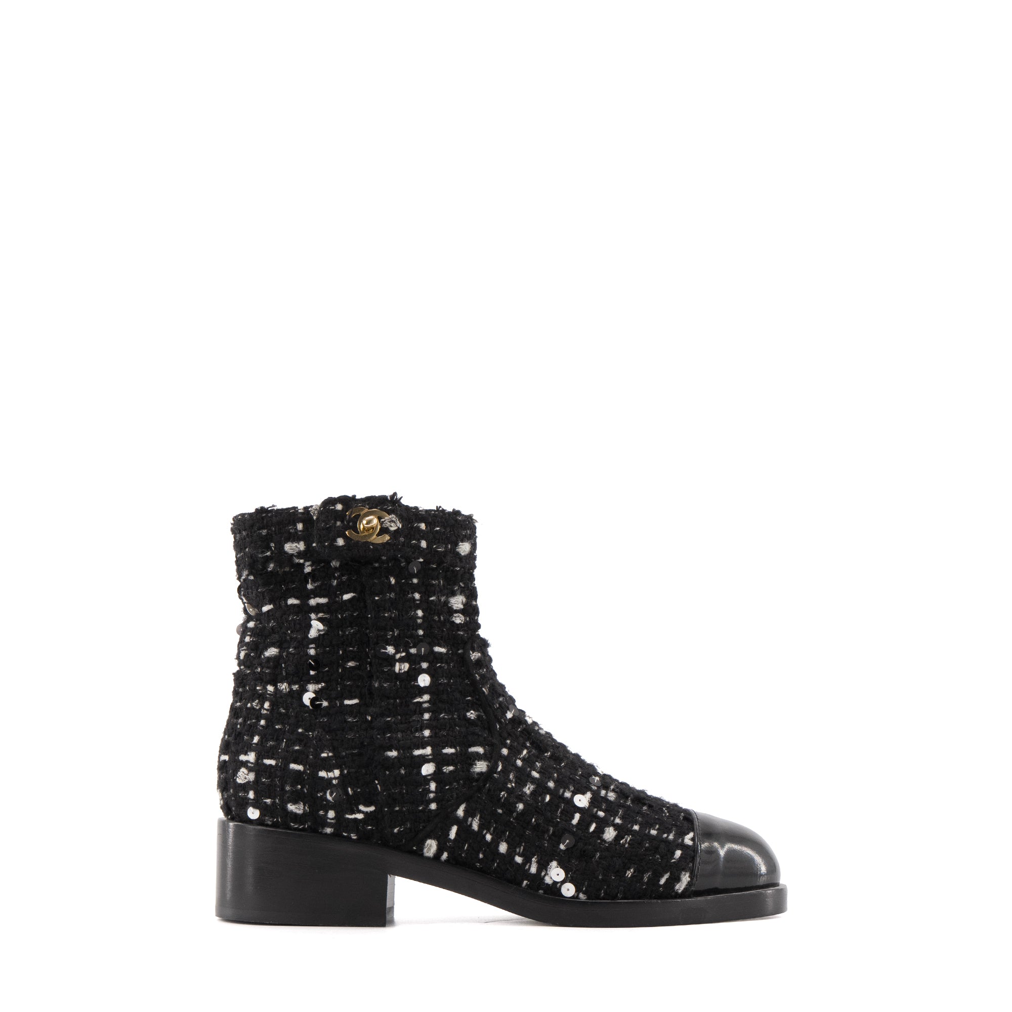CHANEL - Bottines Chanel en tweed noir et sequins (T38)
