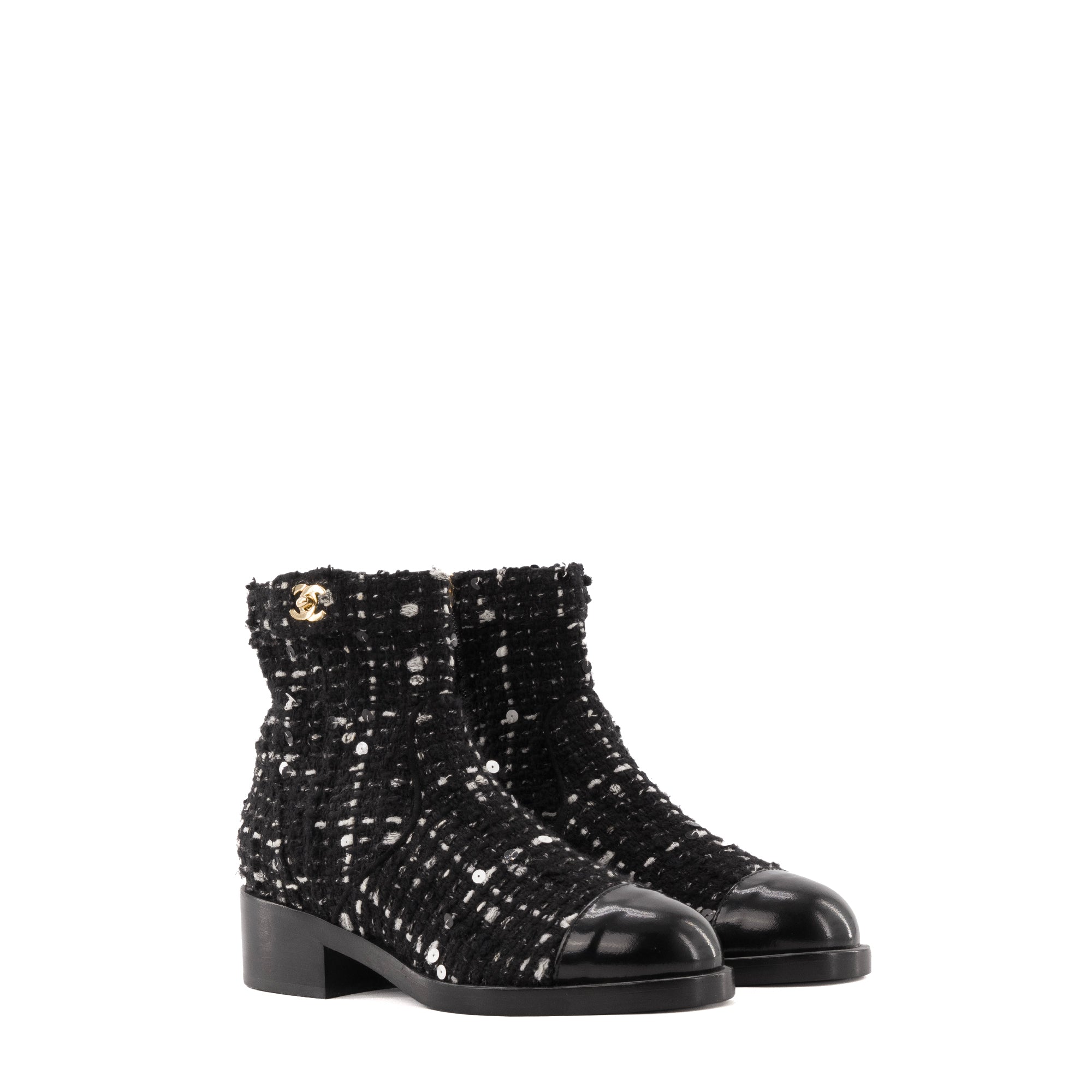 CHANEL - Bottines Chanel en tweed noir et sequins (T38)