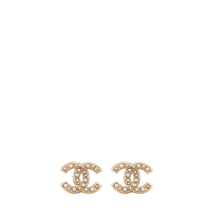 CHANEL - Boucles d'oreilles CC Chanel en métal champagne et perles