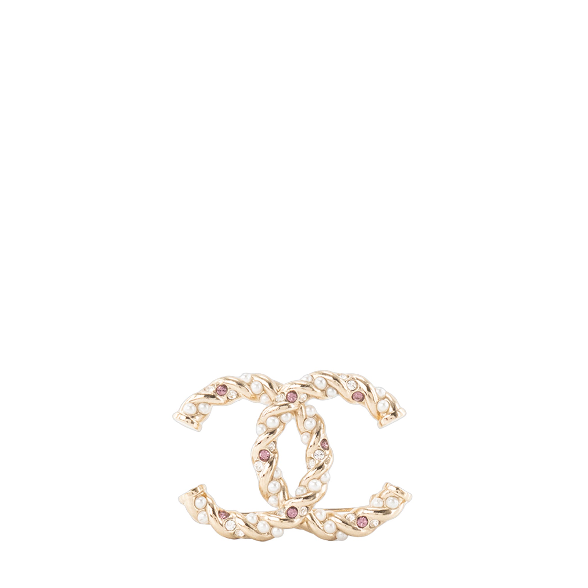 CHANEL - Broche CC Chanel en métal doré ornée de strass roses et perles blanches