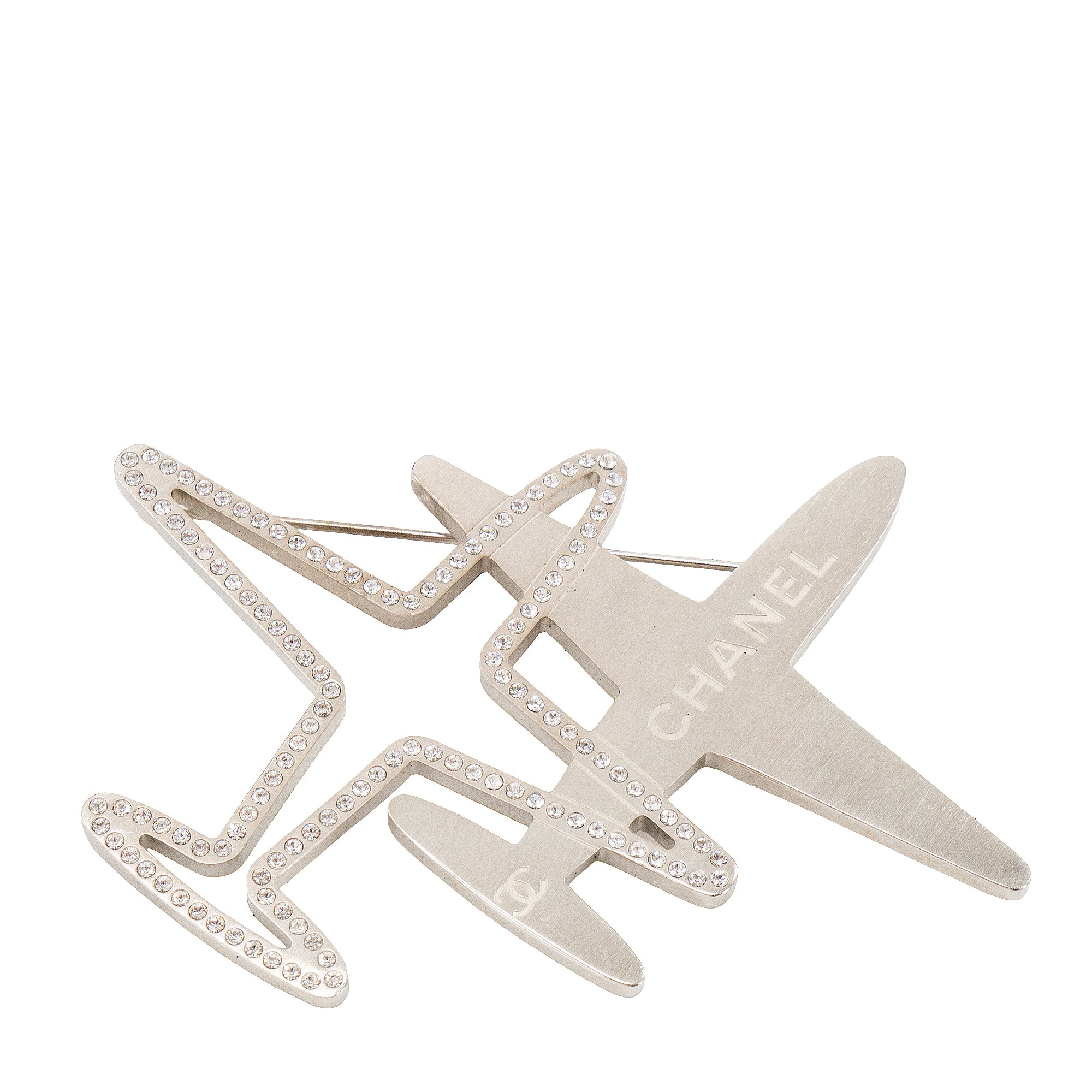 CHANEL - Broche Crystal Airplane Chanel en métal argenté et strass édition limitée