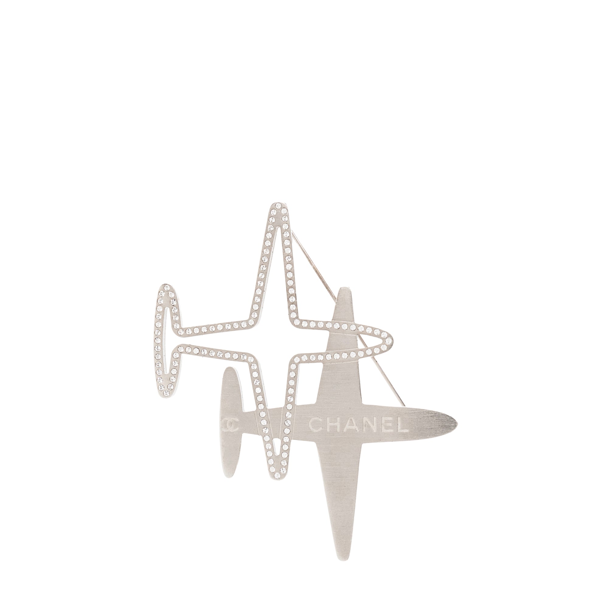 CHANEL - Broche Crystal Airplane Chanel en métal argenté et strass édition limitée