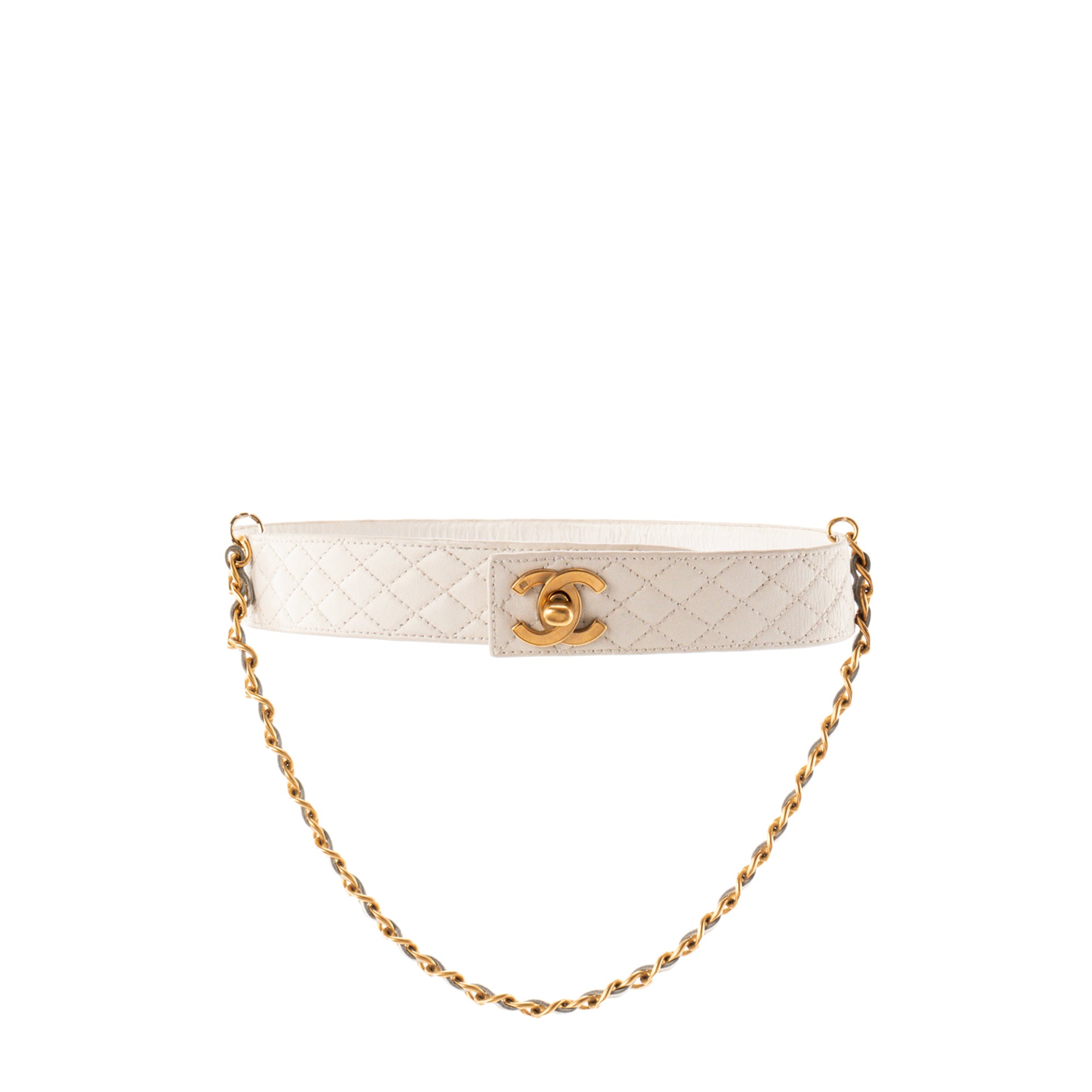 CHANEL - Ceinture CC Chanel en cuir matelassée en cuir blanc vintage (T65)