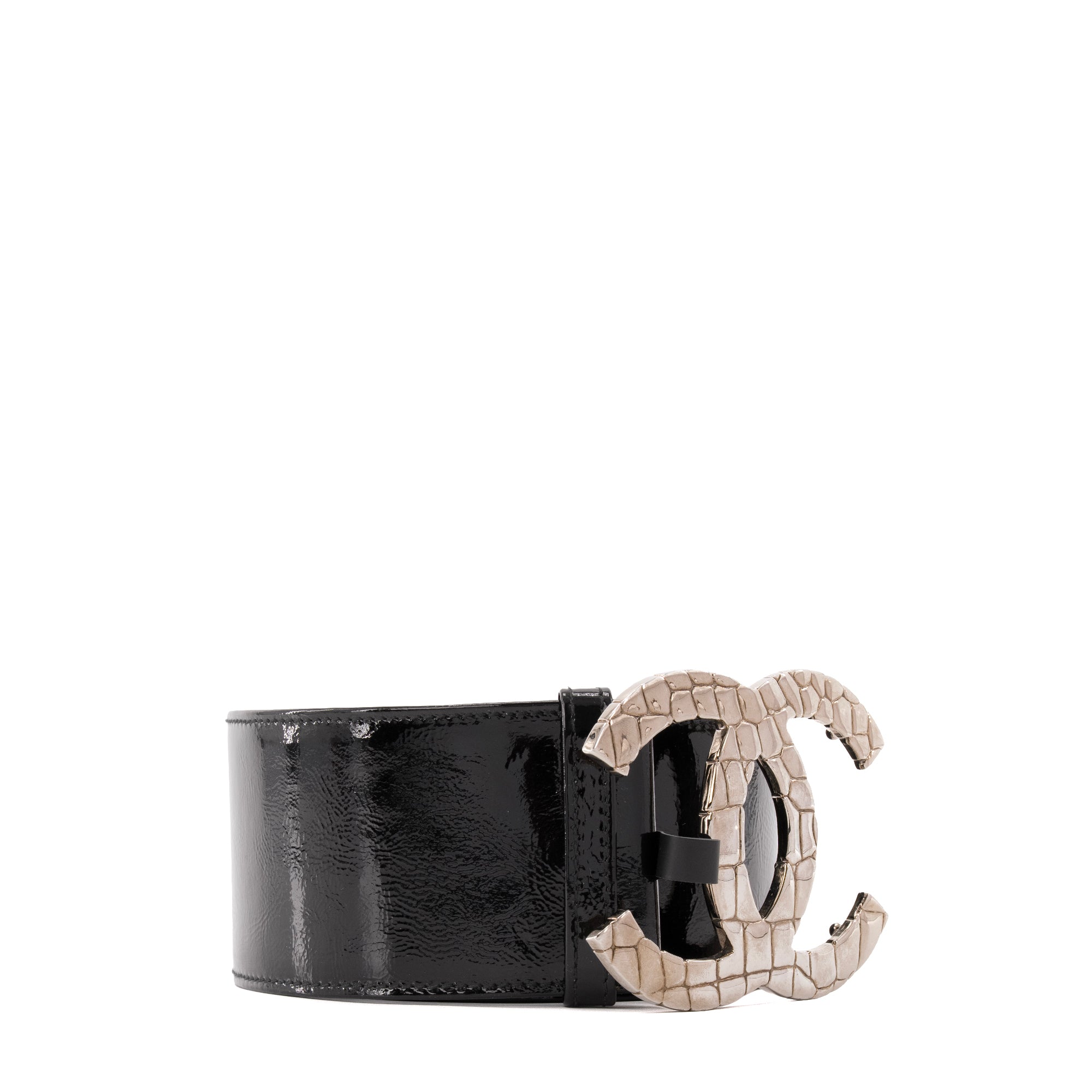 CHANEL - Ceinture CC Chanel en cuir verni noir (T90)