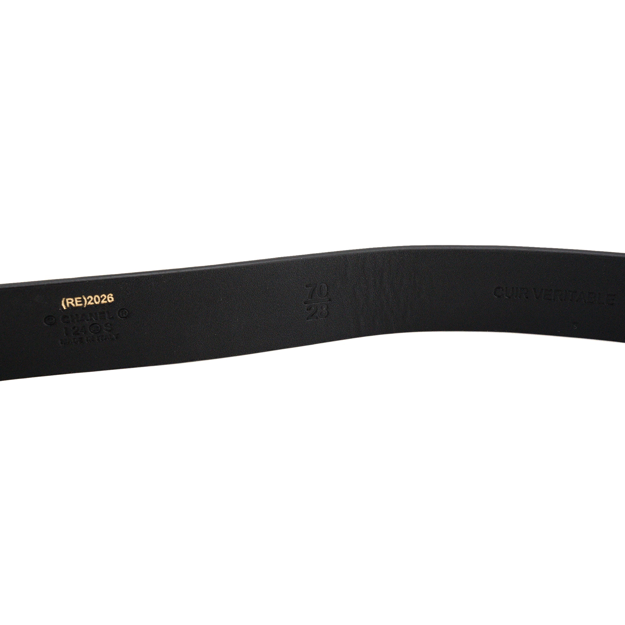 CHANEL - Ceinture Chanel en métal doré ornée de perles et cuir lisse noir (T70)