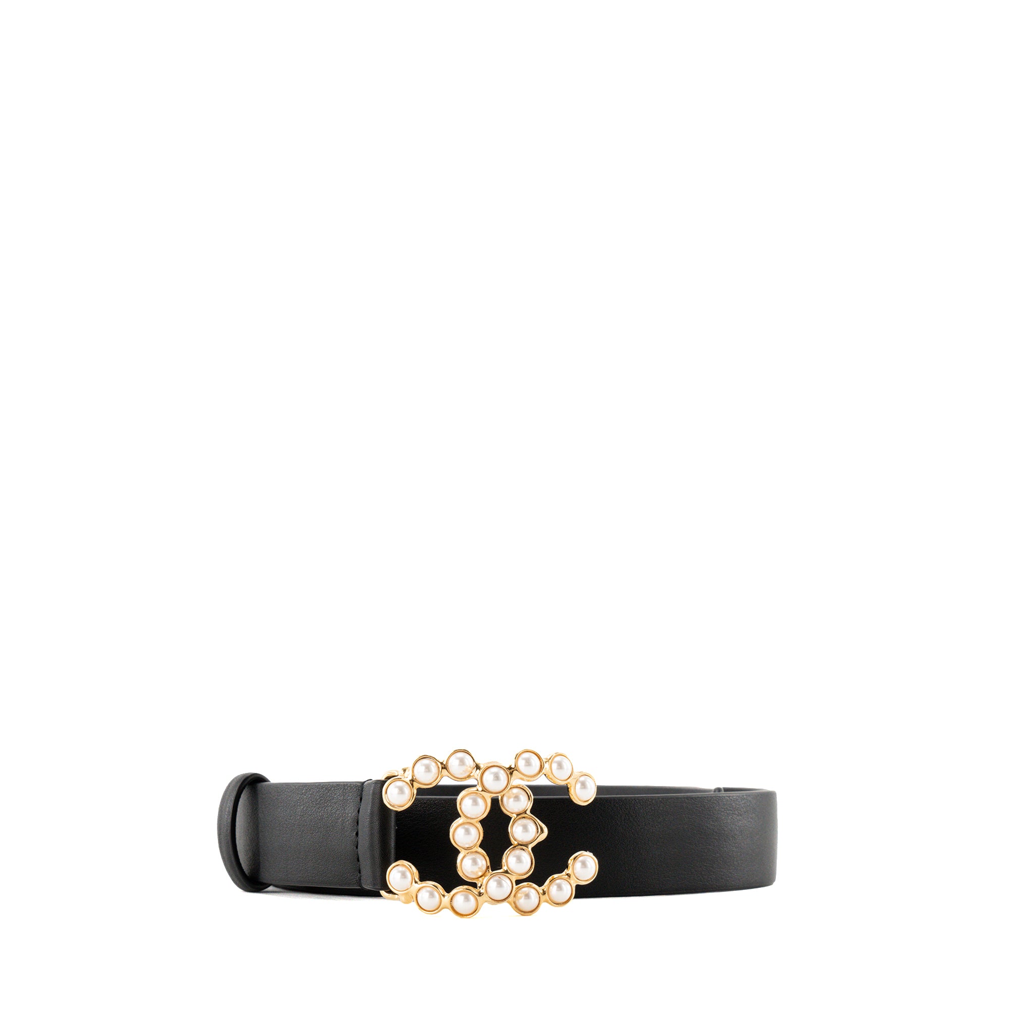 CHANEL - Ceinture Chanel en métal doré ornée de perles et cuir lisse noir (T70)
